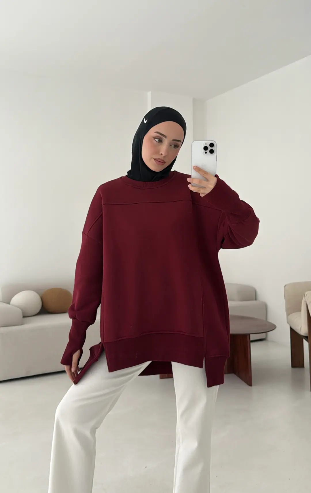 Parmak Geçmeli Asimetri Kesim Sweat Bordo - Görsel 2