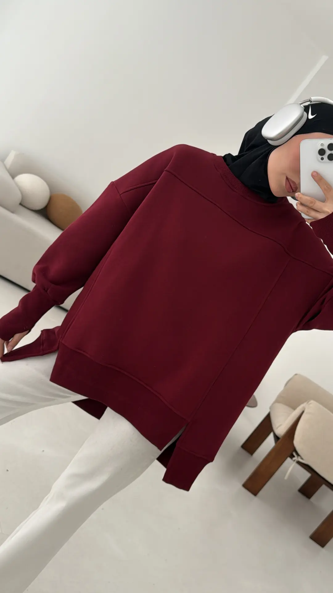 Parmak Geçmeli Asimetri Kesim Sweat Bordo - Görsel 3