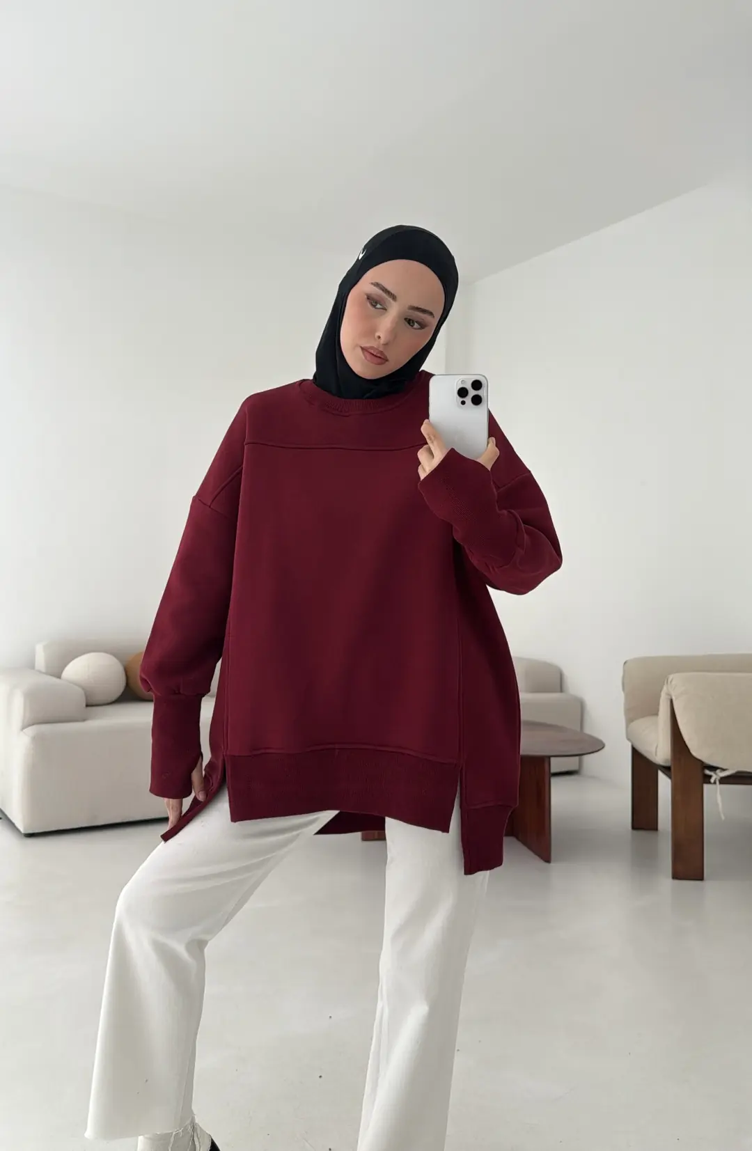 Parmak Geçmeli Asimetri Kesim Sweat Bordo - Görsel 5