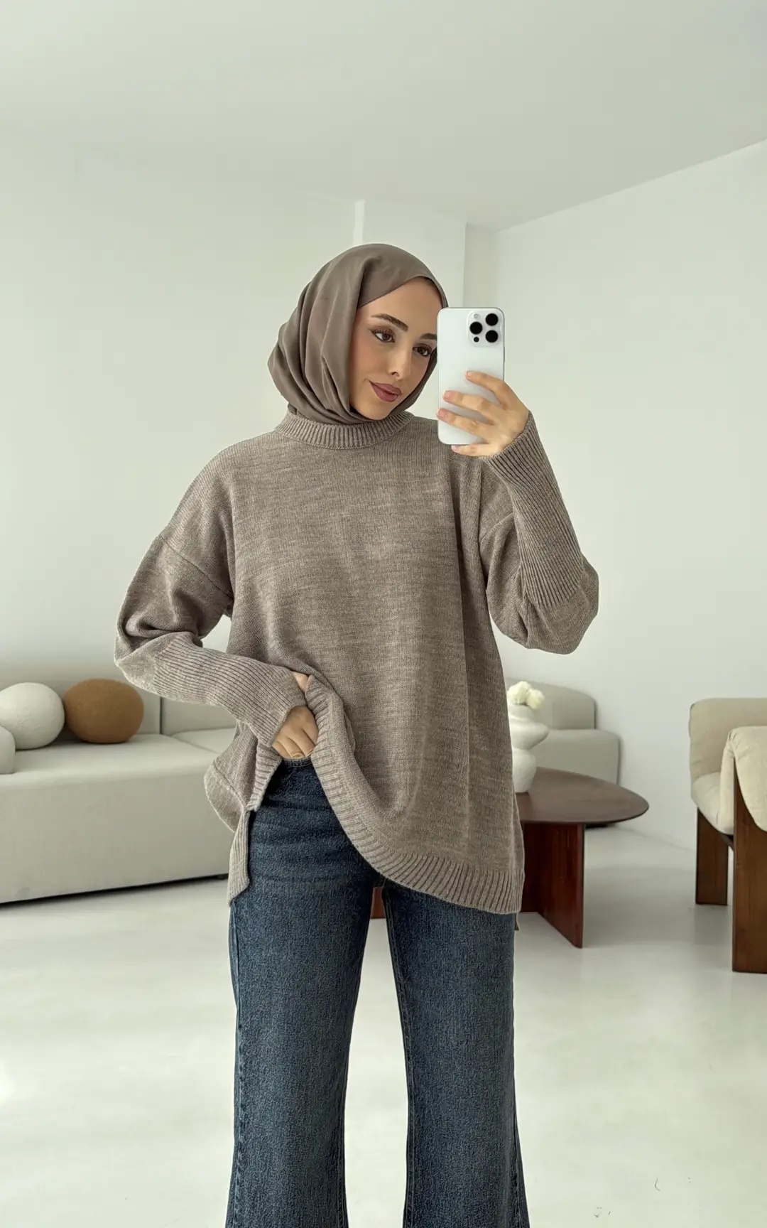 Parmak Geçmeli Triko Kazak Vizon