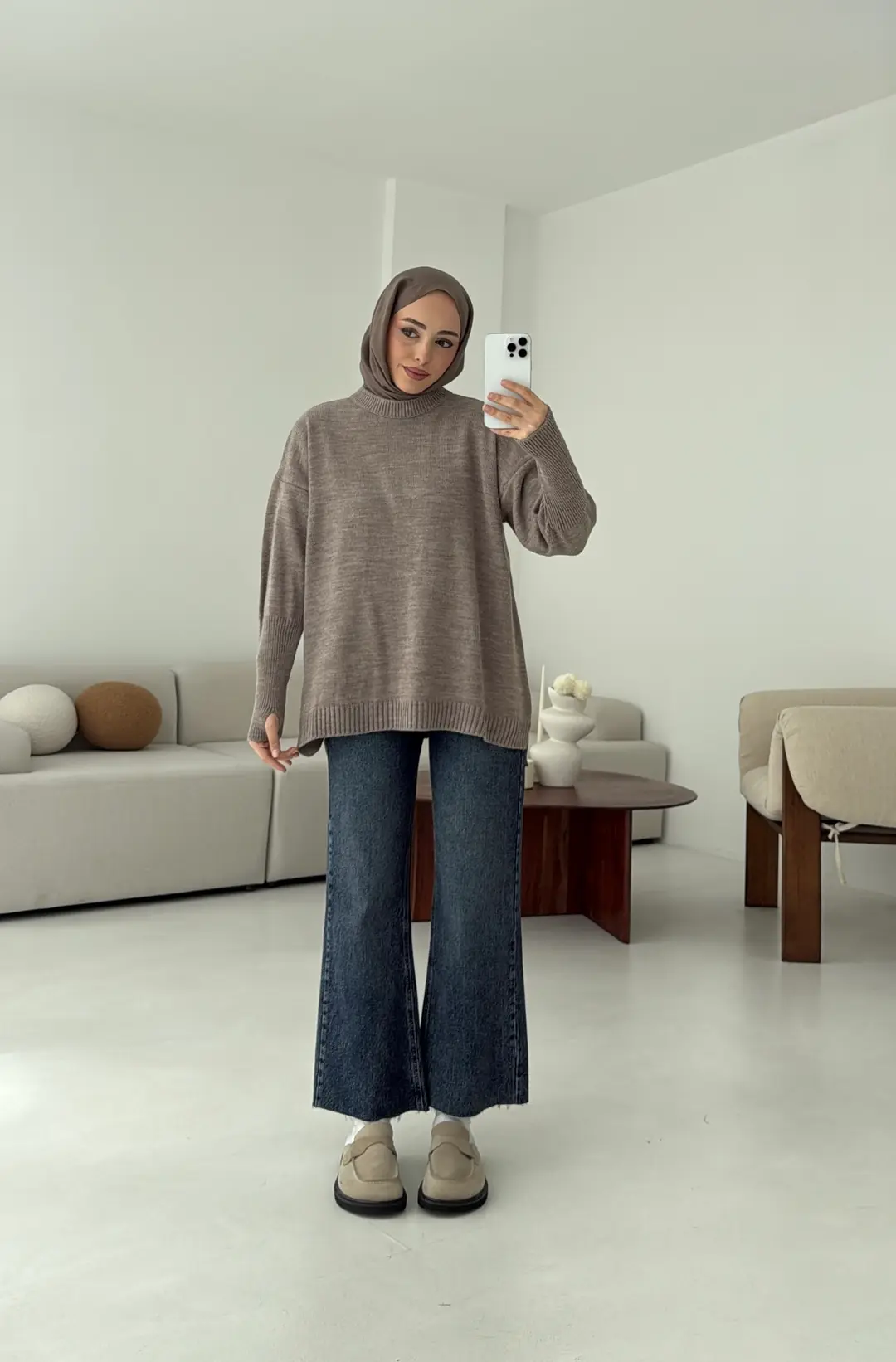 Parmak Geçmeli Triko Kazak Vizon - Görsel 4