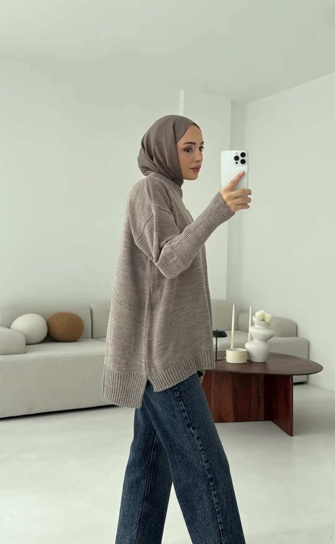 Parmak Geçmeli Triko Kazak Vizon - Görsel 7