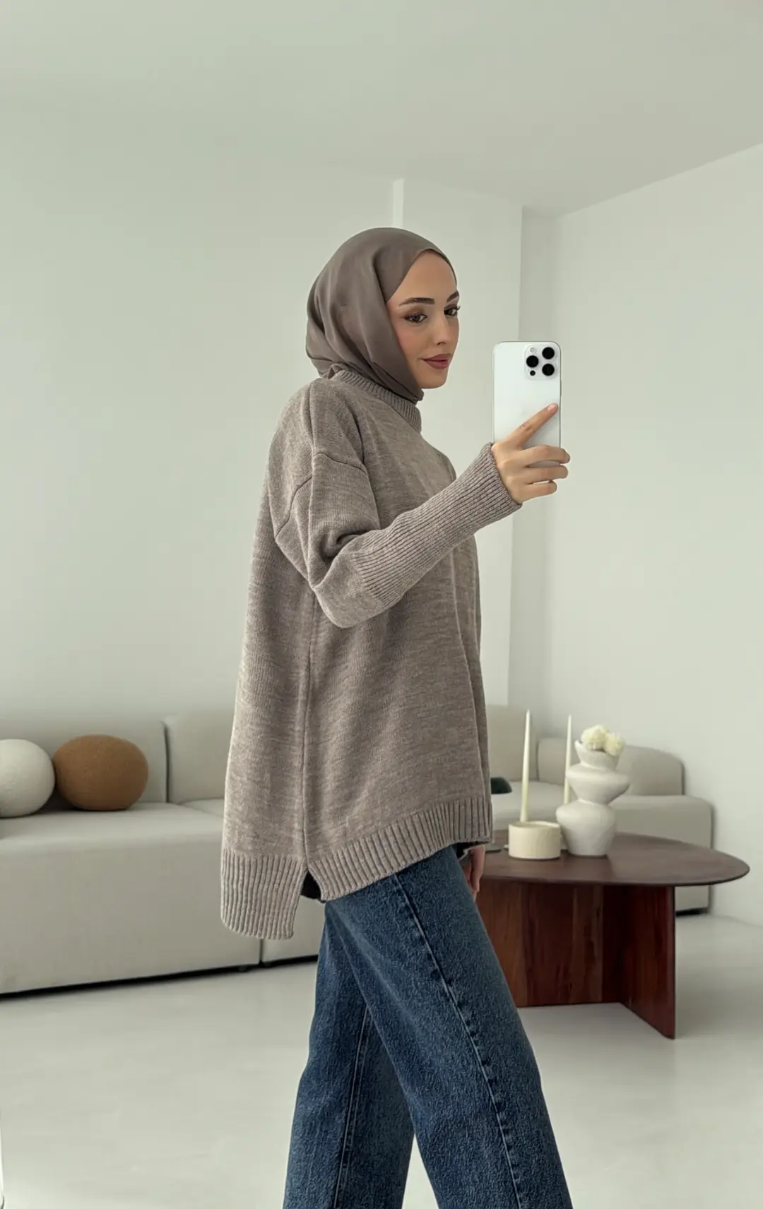 Parmak Geçmeli Triko Kazak Vizon - Görsel 8