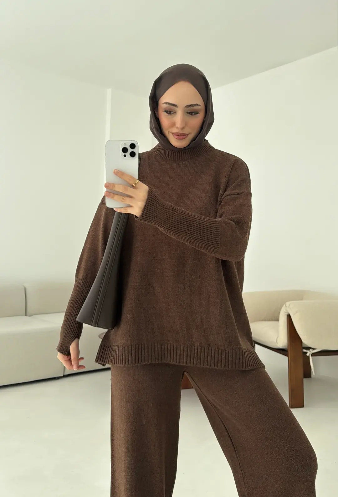 Parmak Geçmeli Triko Takım Kahve - Görsel 7