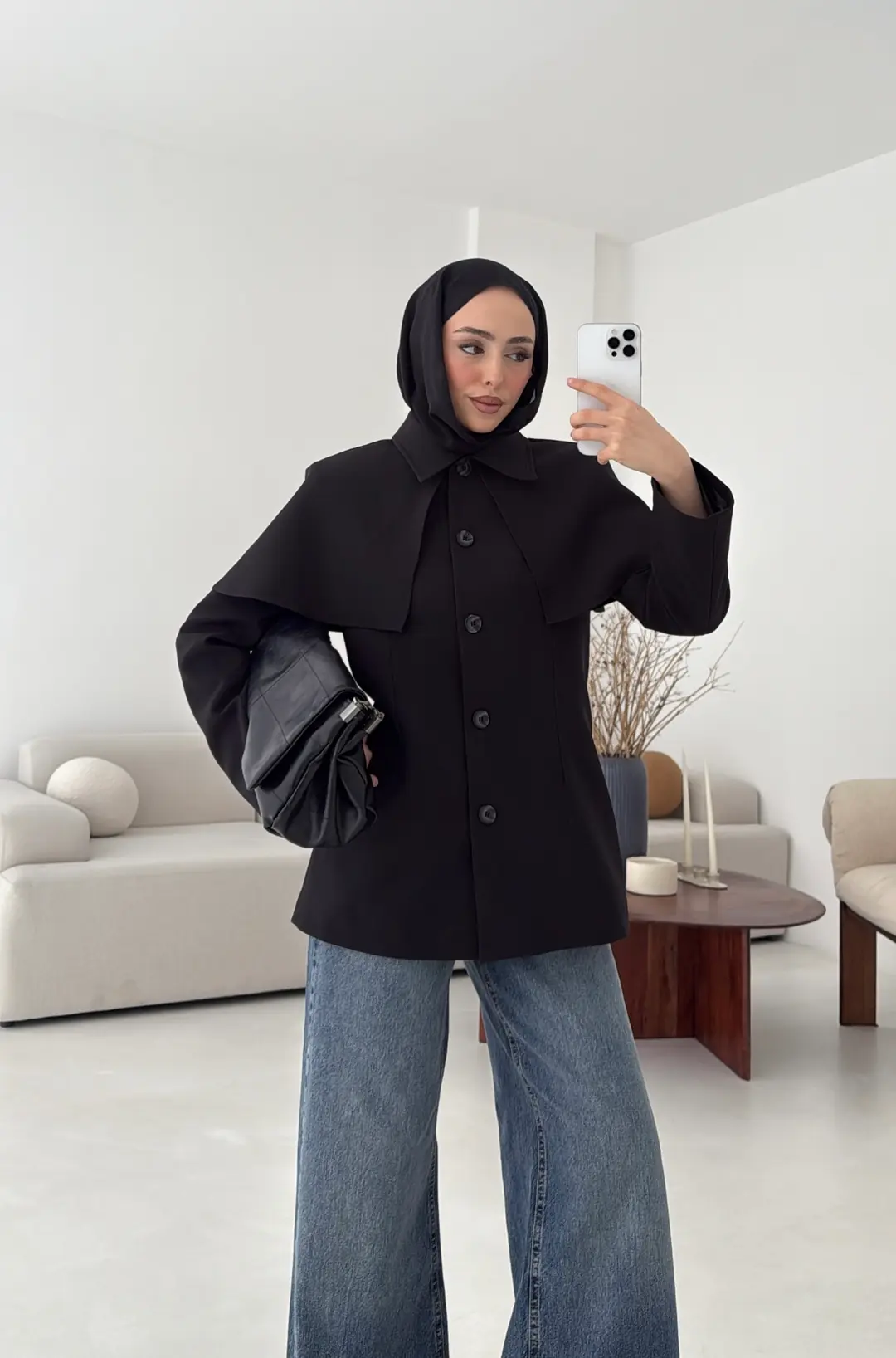 Pelerin Detay Fit Ceket Siyah