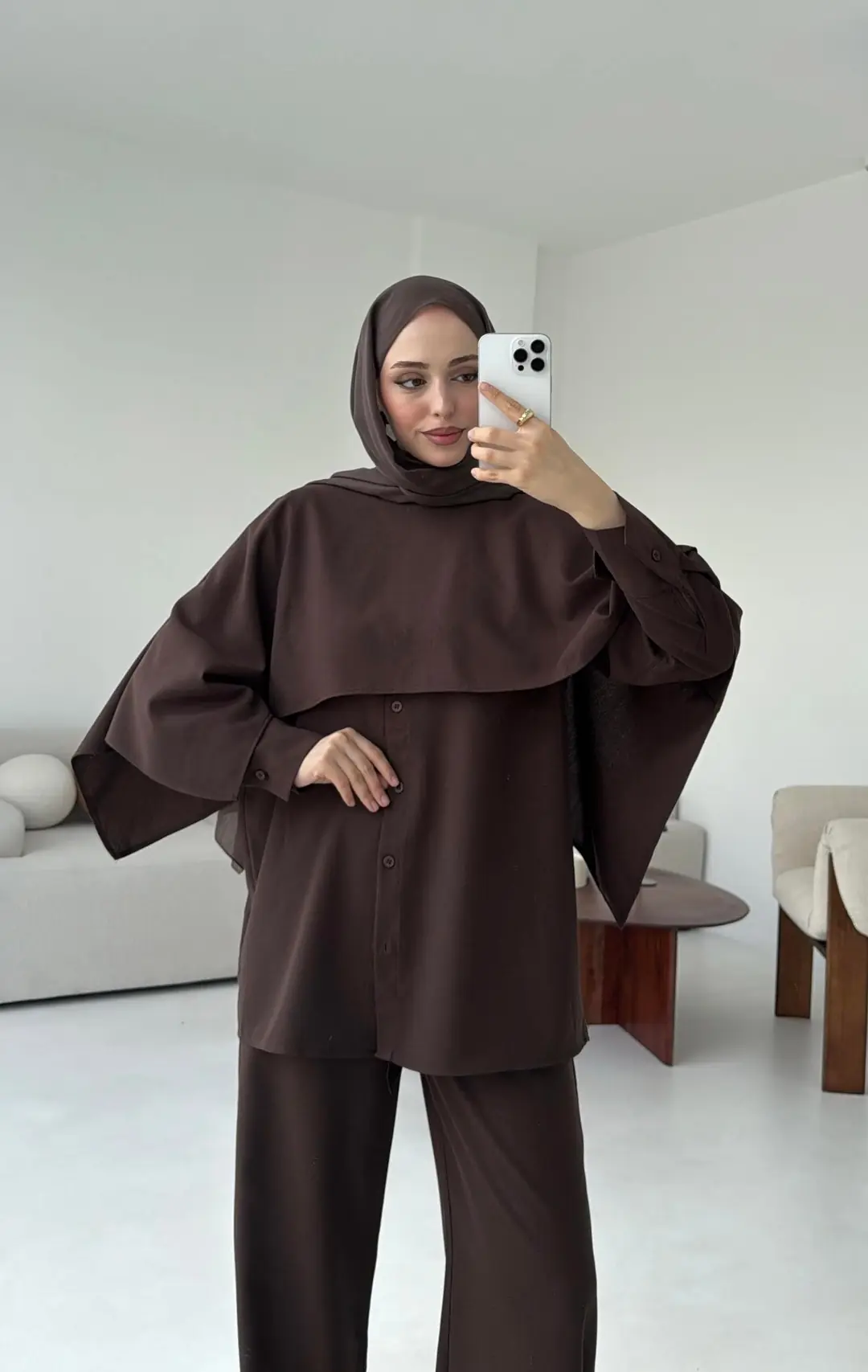 Pelerin Detay Gömlekli Takım Kahve - Görsel 10