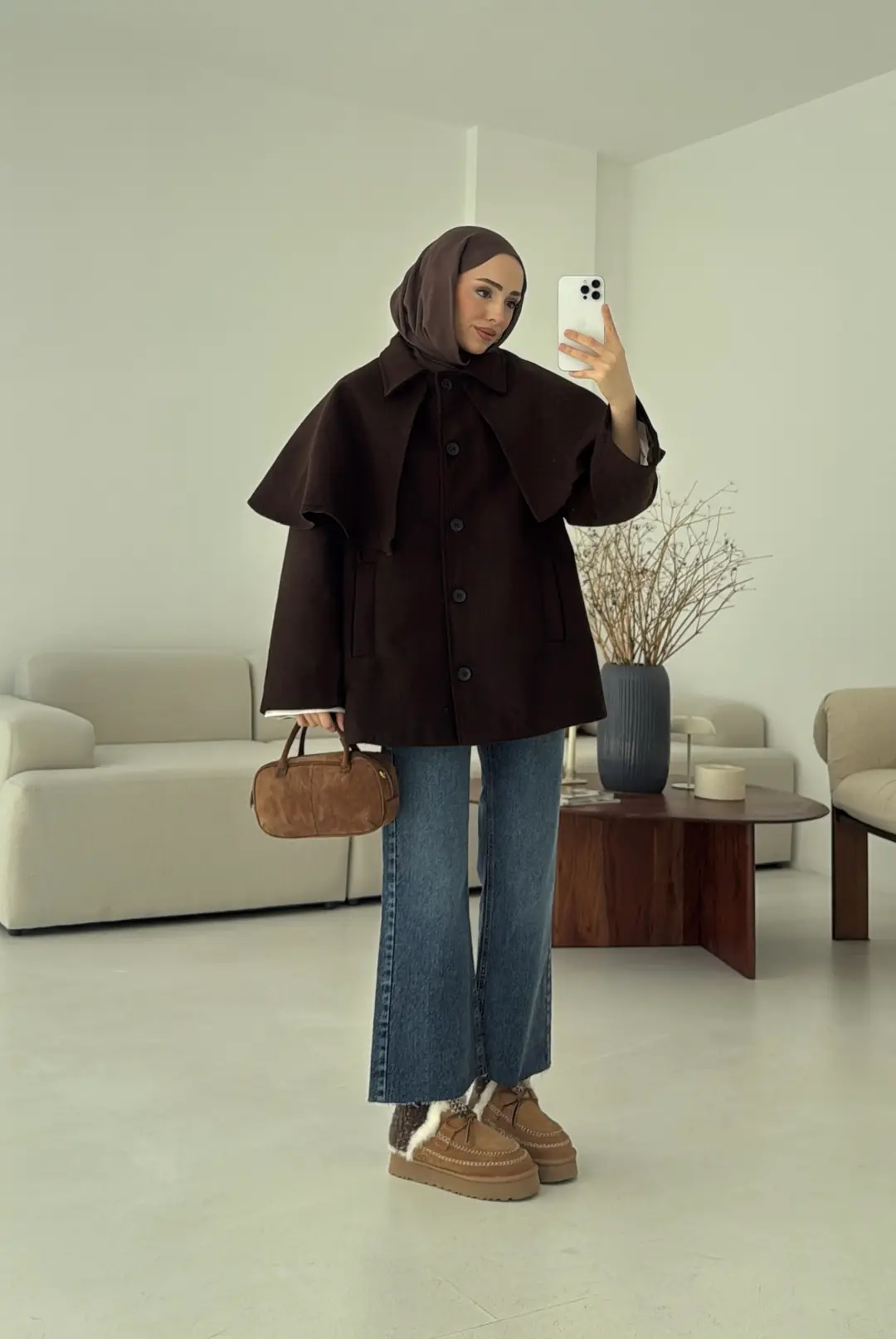 Pelerin Detay Kaşe Kaban Kahve - Görsel 2