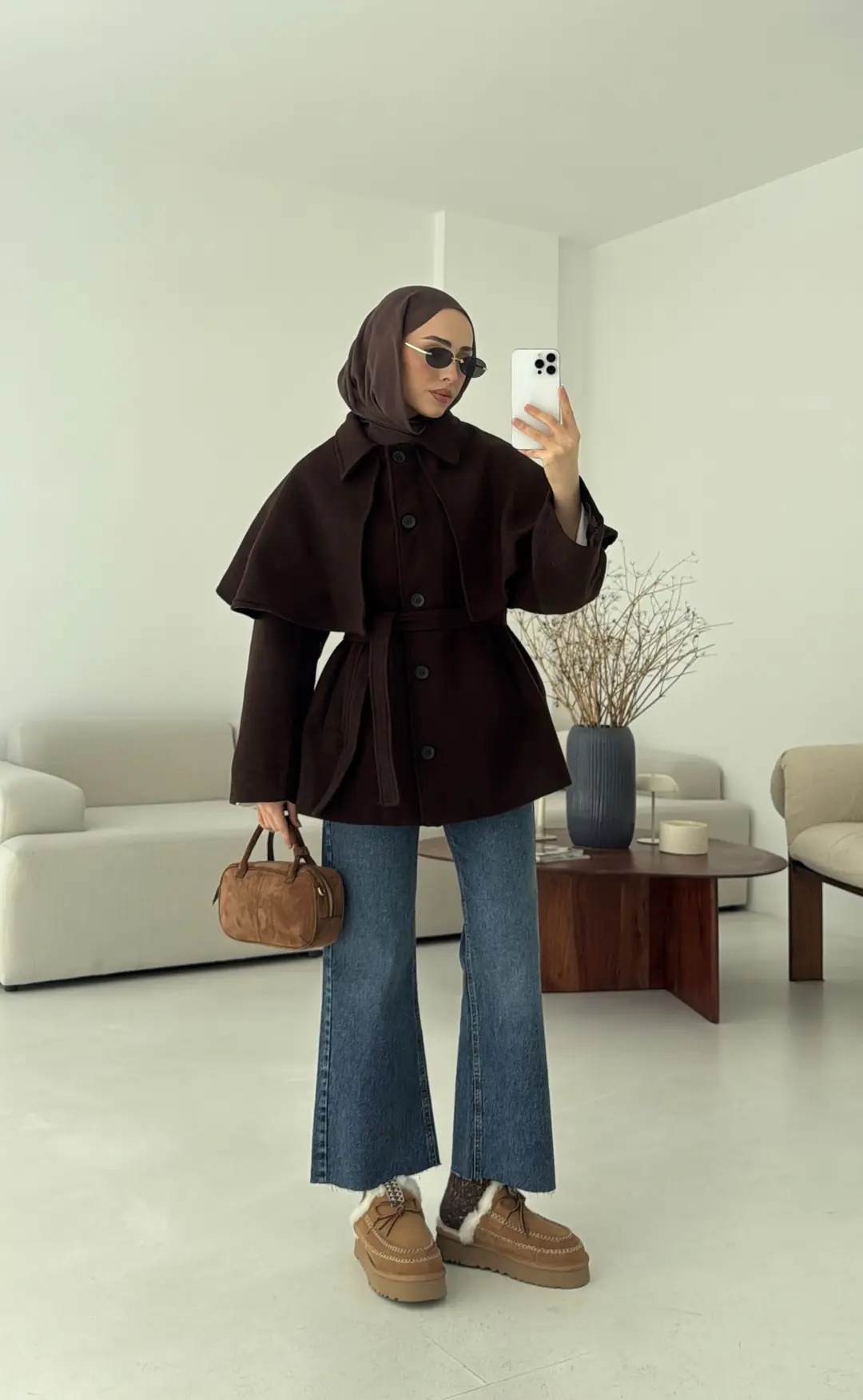 Pelerin Detay Kaşe Kaban Kahve - Görsel 4