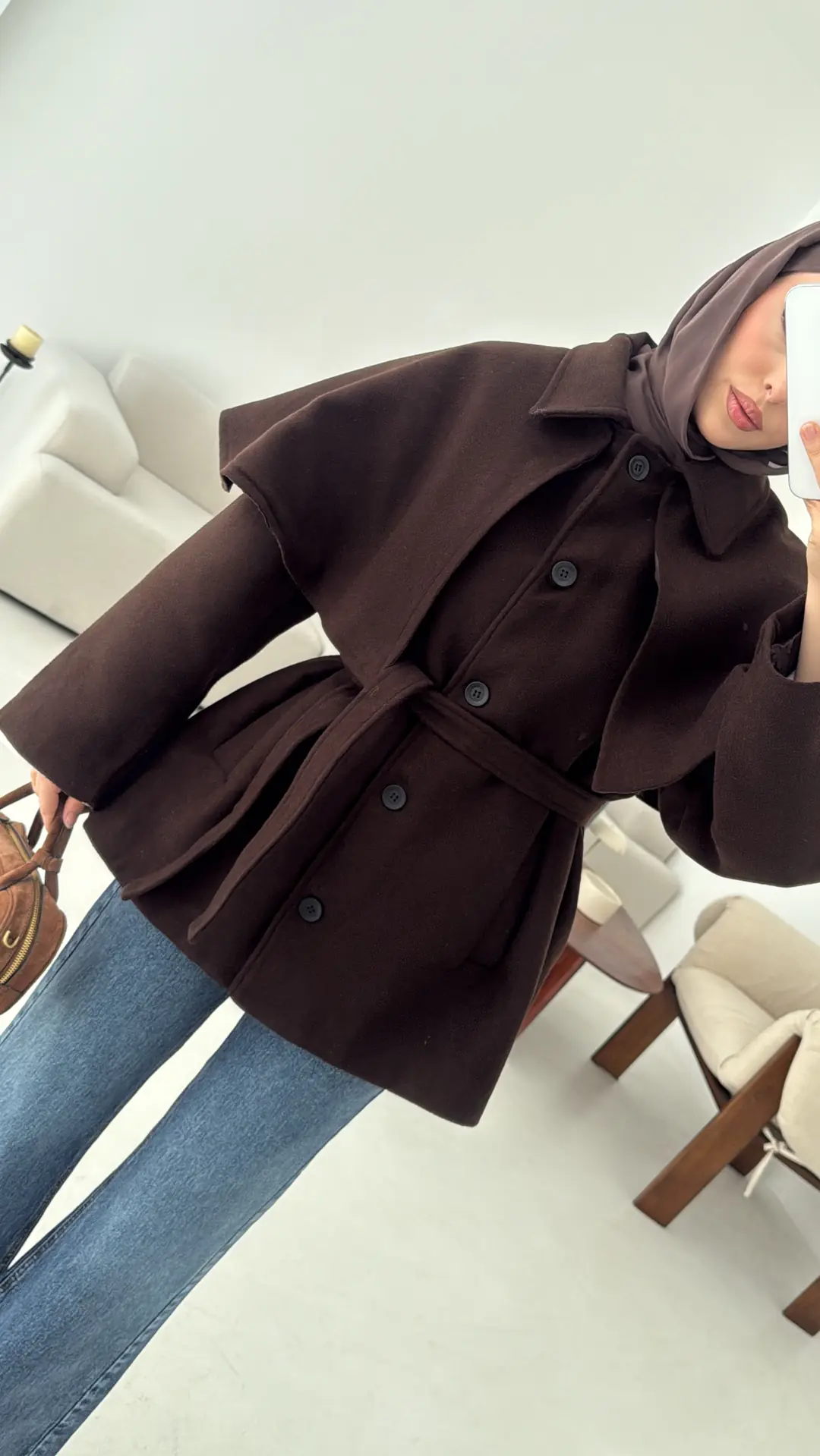 Pelerin Detay Kaşe Kaban Kahve - Görsel 5