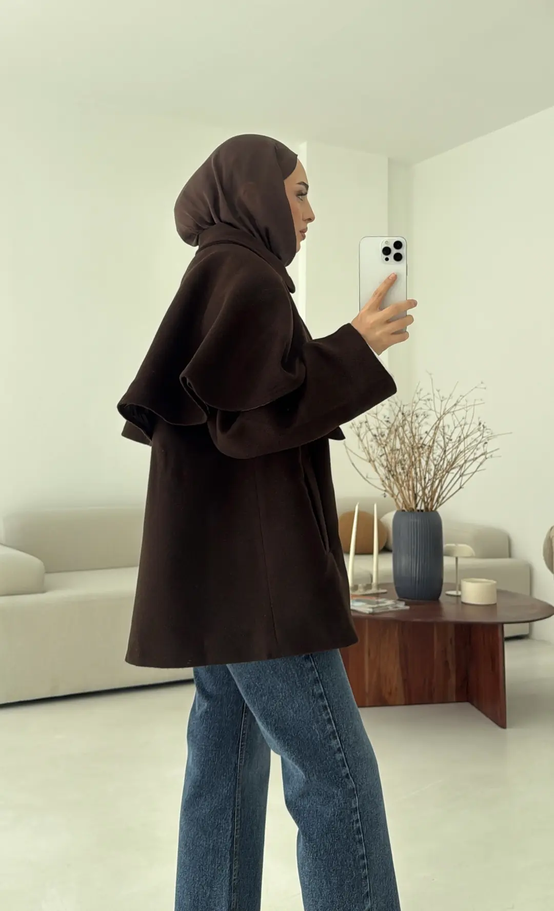 Pelerin Detay Kaşe Kaban Kahve - Görsel 7