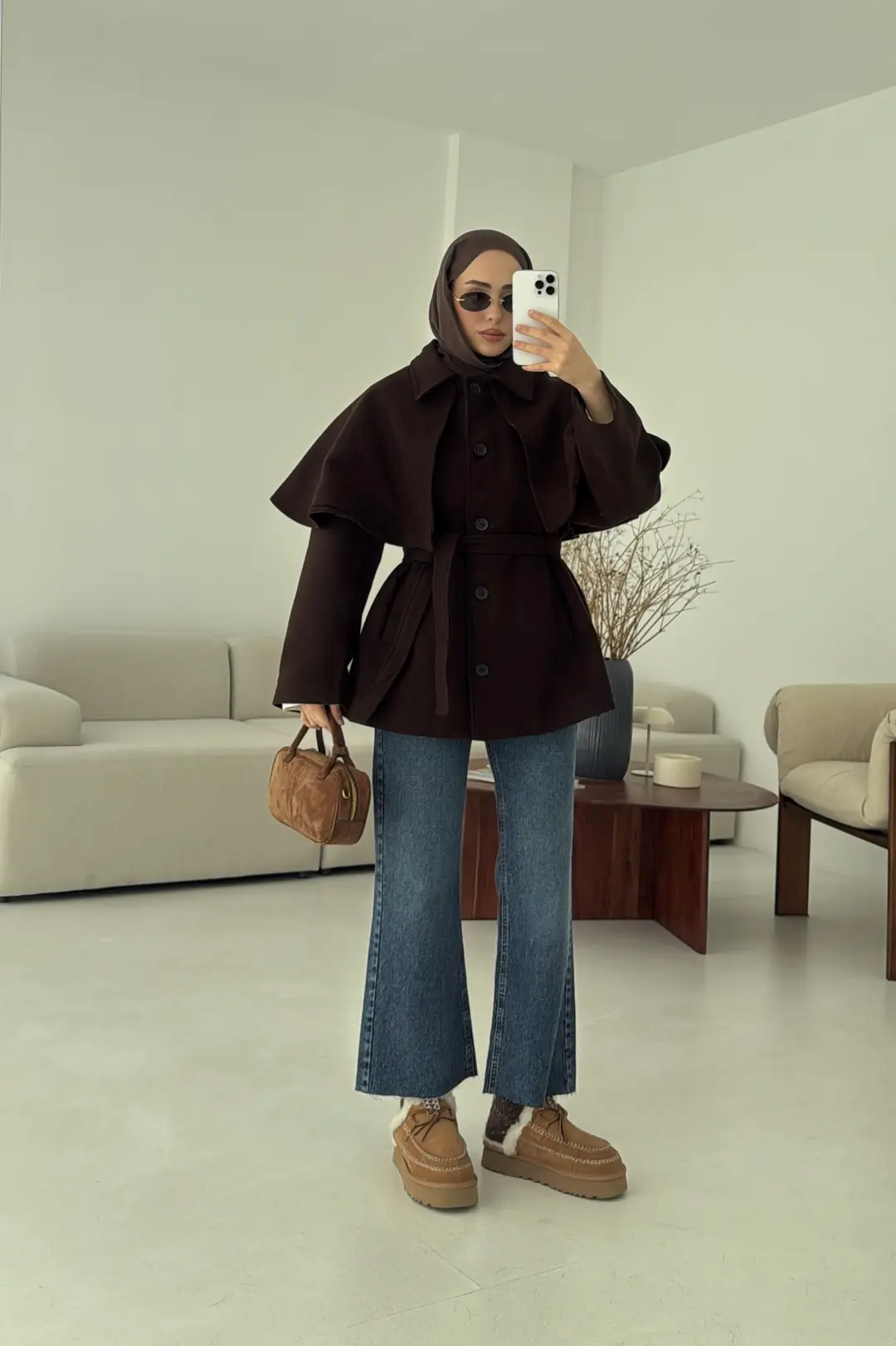 Pelerin Detay Kaşe Kaban Kahve - Görsel 8