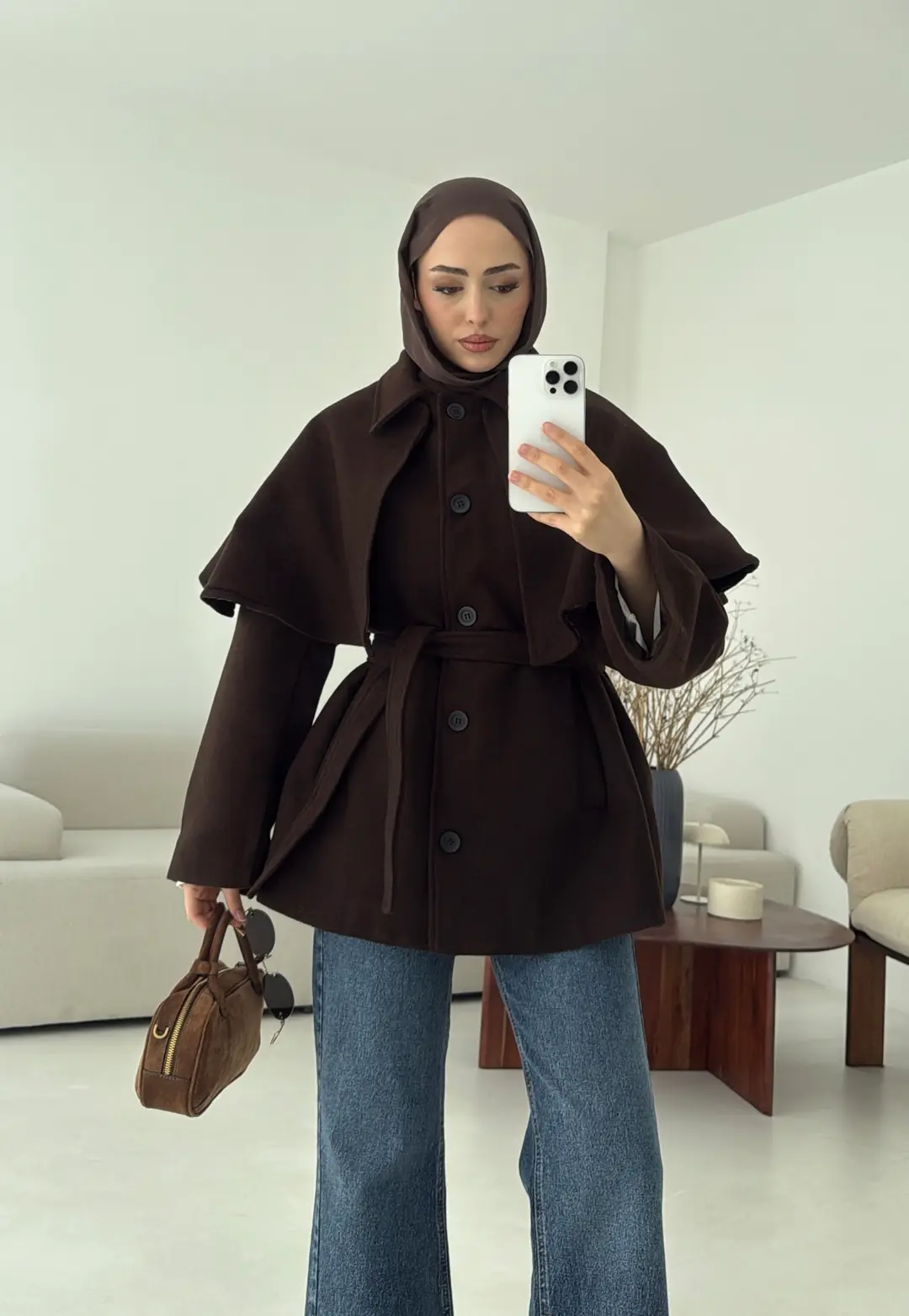 Pelerin Detay Kaşe Kaban Kahve - Görsel 9