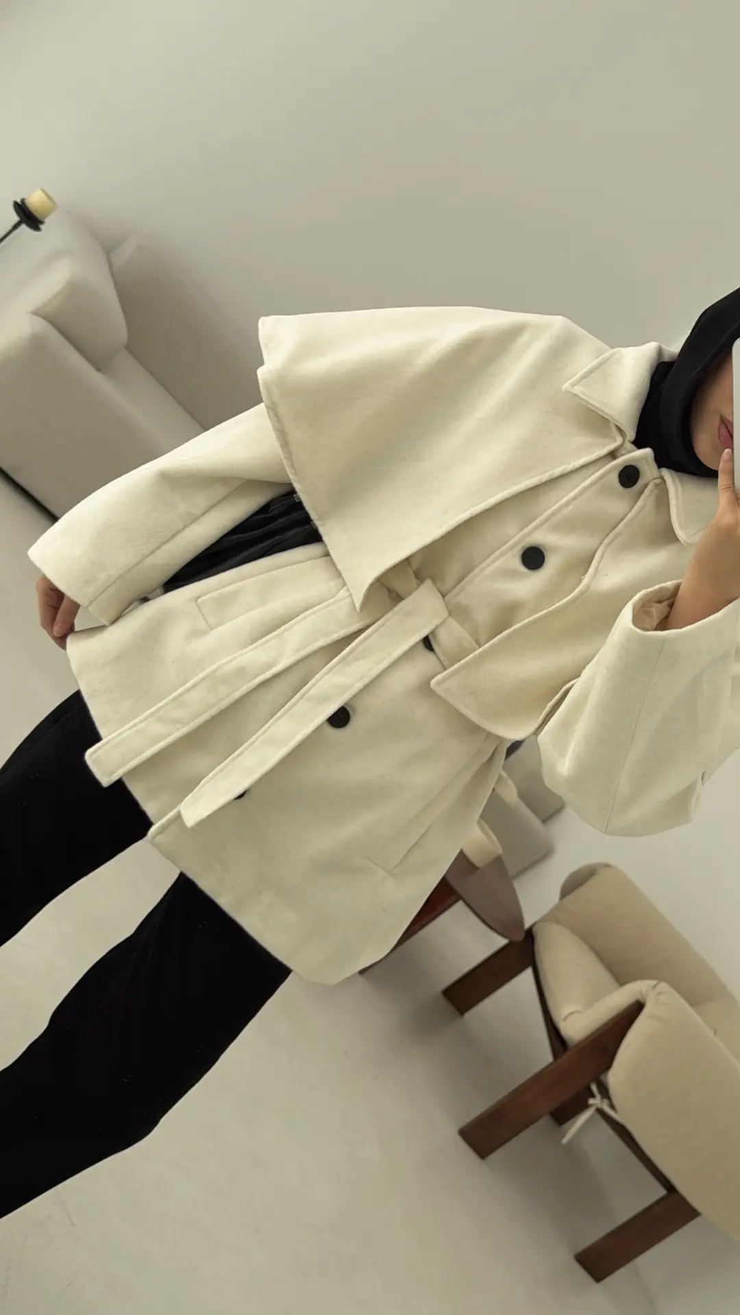 Pelerin Detay Kaşe Kaban Kırık Beyaz - Görsel 4