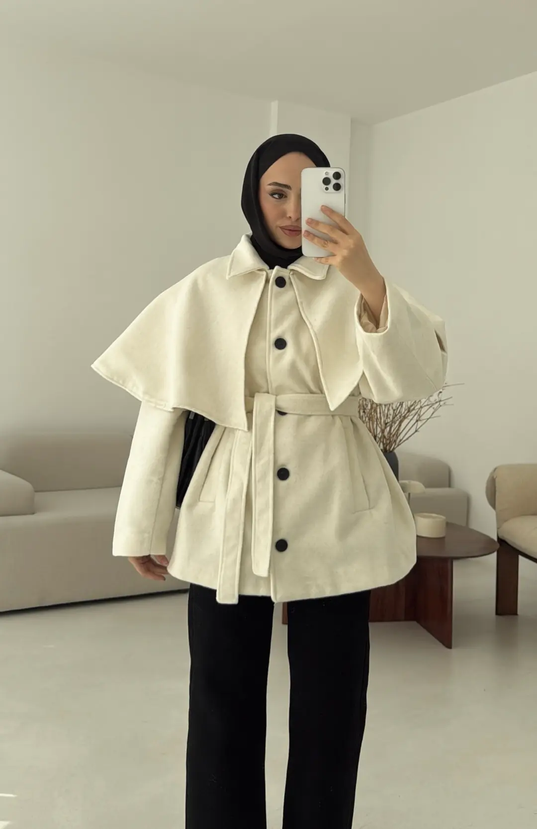 Pelerin Detay Kaşe Kaban Kırık Beyaz - Görsel 7