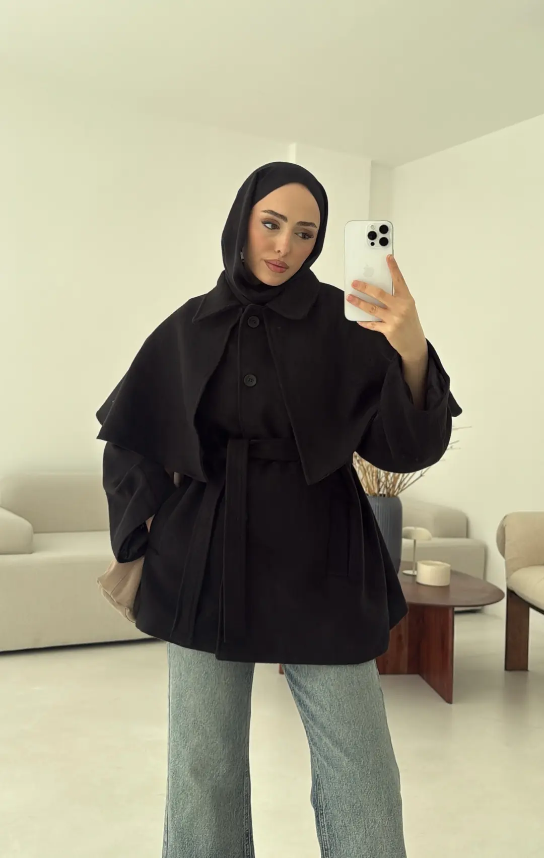 Pelerin Detay Kaşe Kaban Siyah