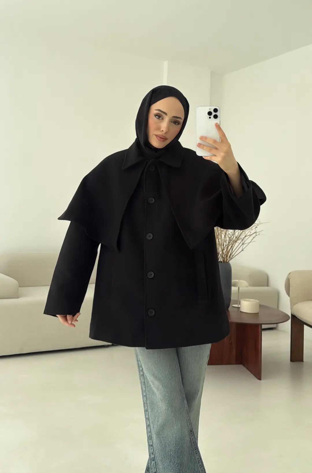 Pelerin Detay Kaşe Kaban Siyah - Görsel 2