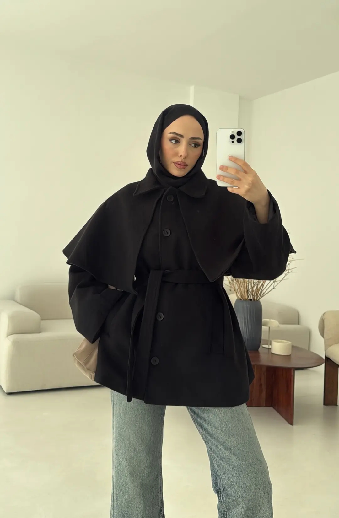 Pelerin Detay Kaşe Kaban Siyah - Görsel 3