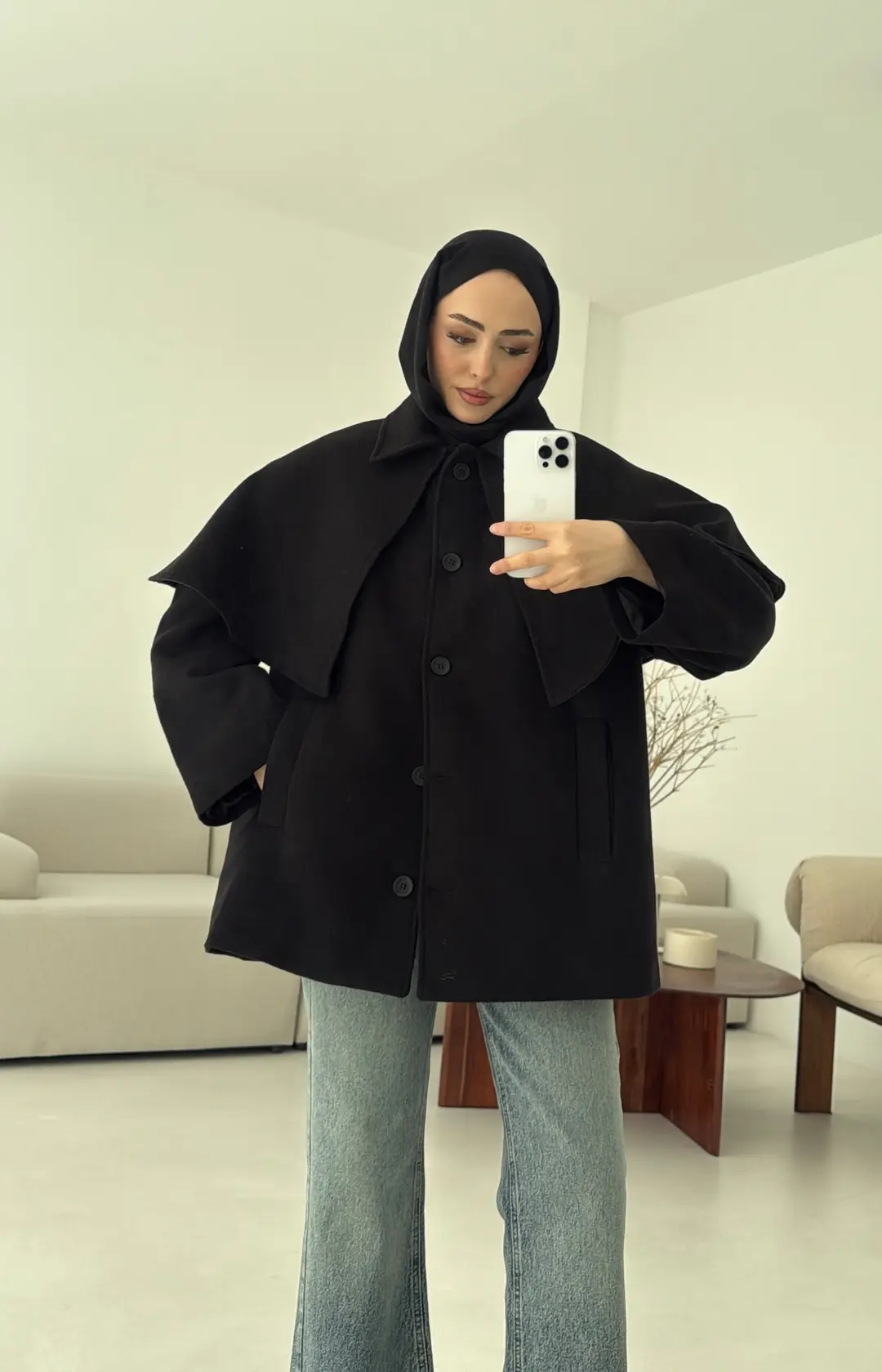 Pelerin Detay Kaşe Kaban Siyah - Görsel 4