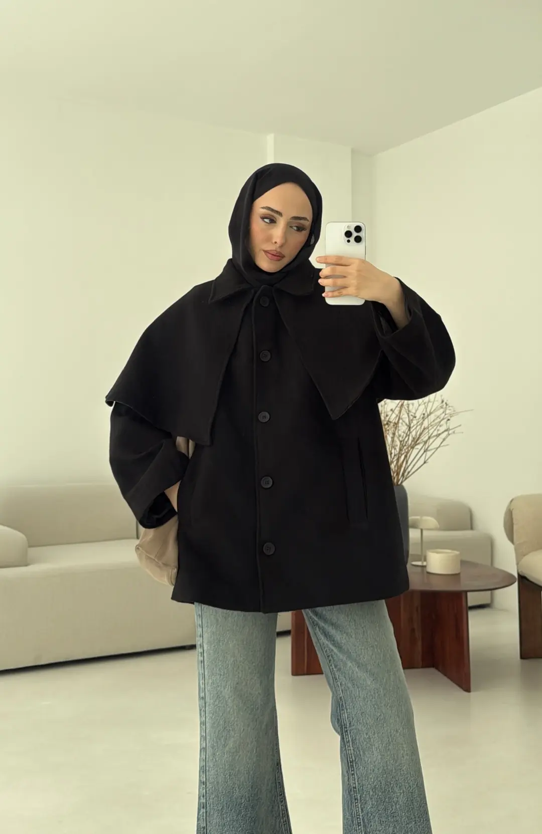 Pelerin Detay Kaşe Kaban Siyah - Görsel 5