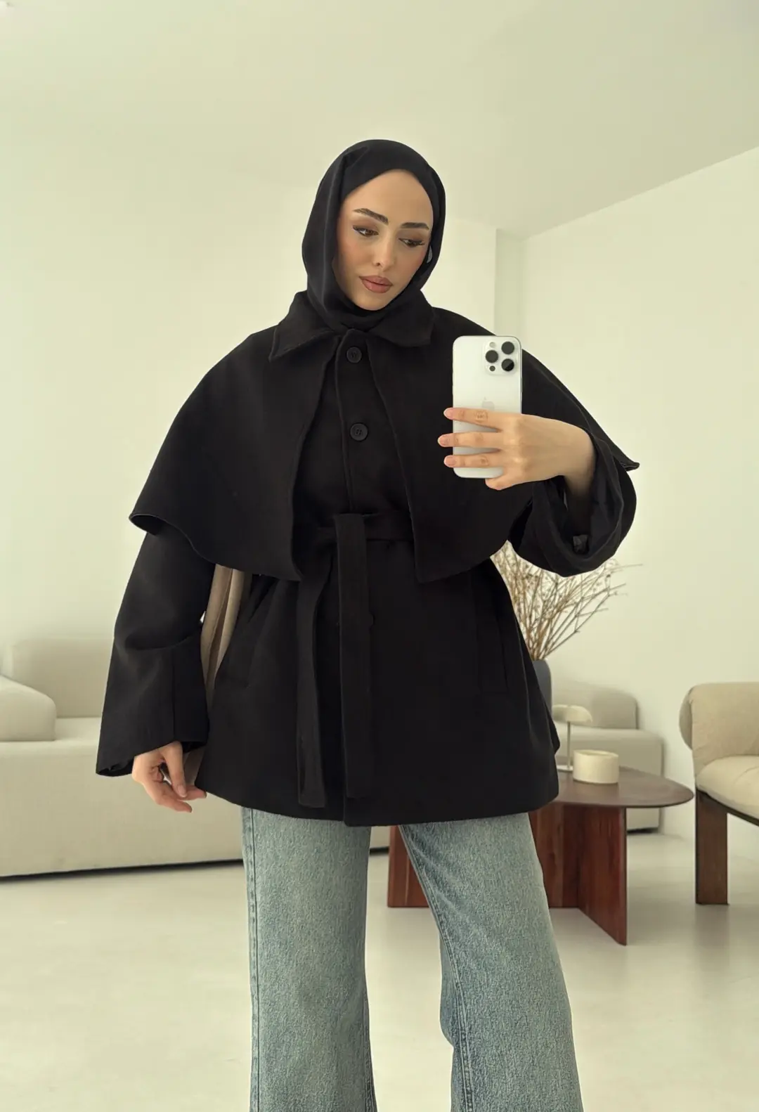 Pelerin Detay Kaşe Kaban Siyah - Görsel 7