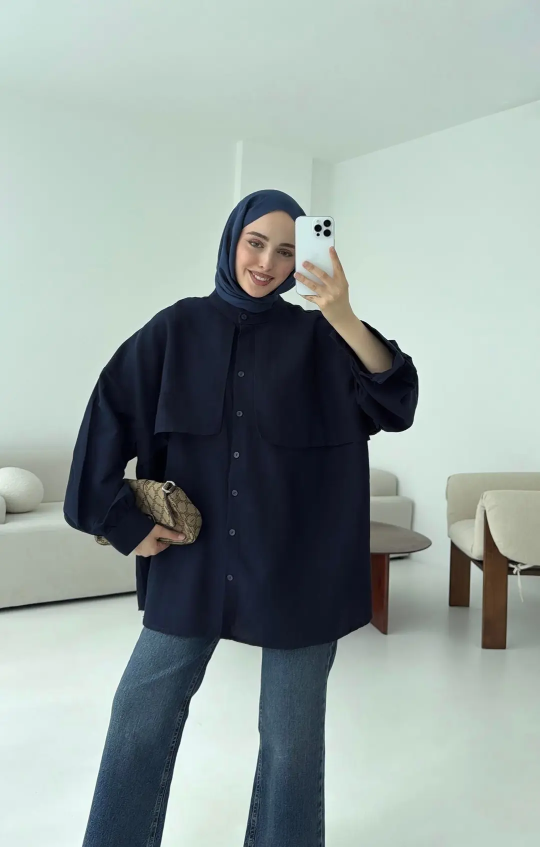 Pelerinli Keten Gömlek Lacivert