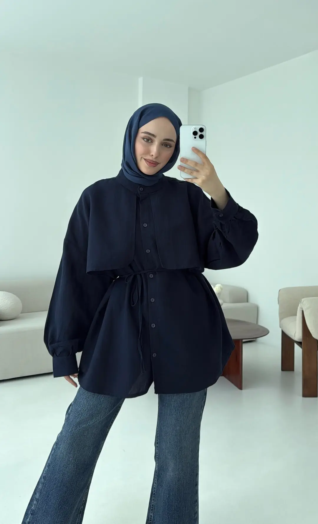 Pelerinli Keten Gömlek Lacivert - Görsel 4