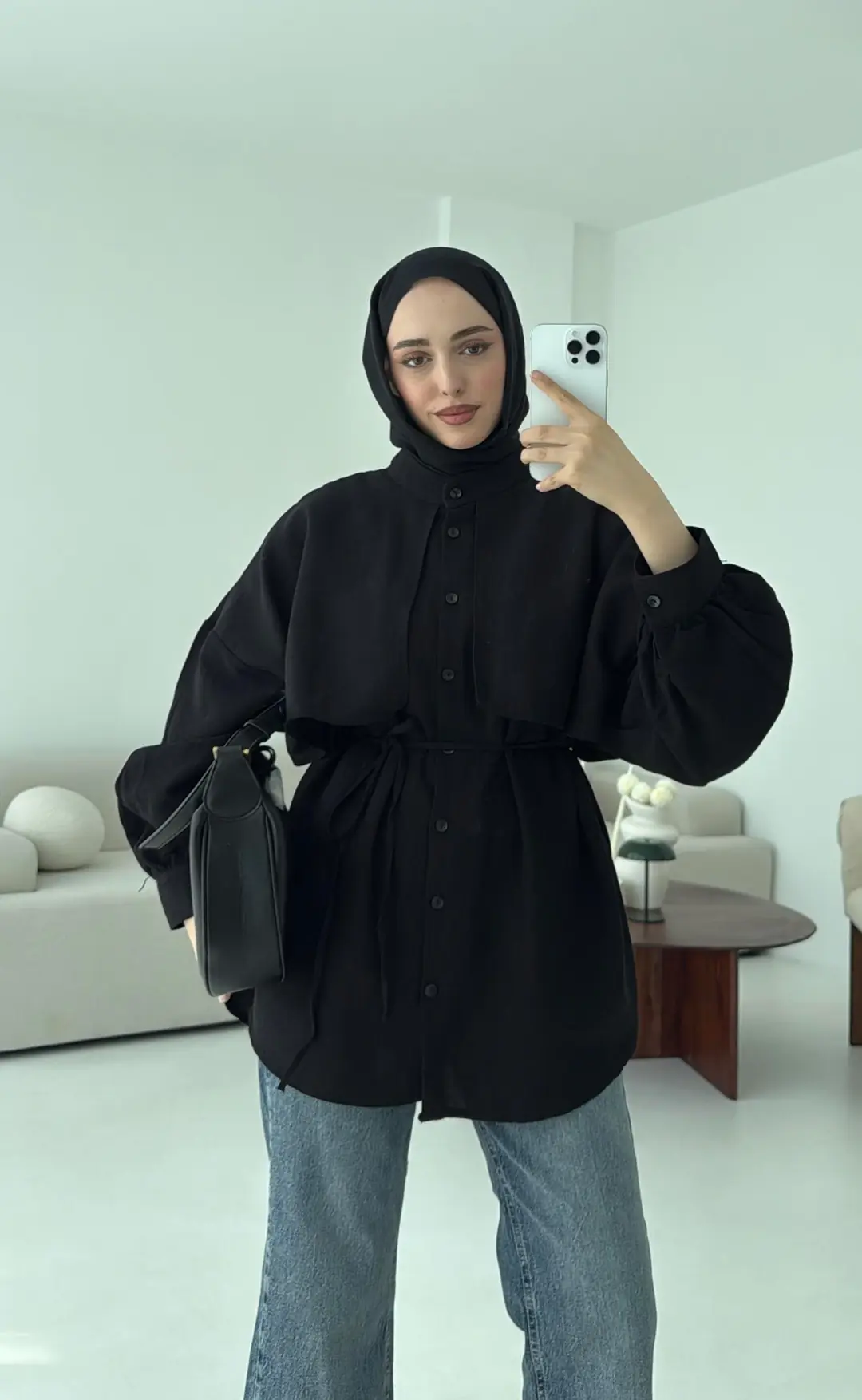 Pelerinli Keten Gömlek Siyah