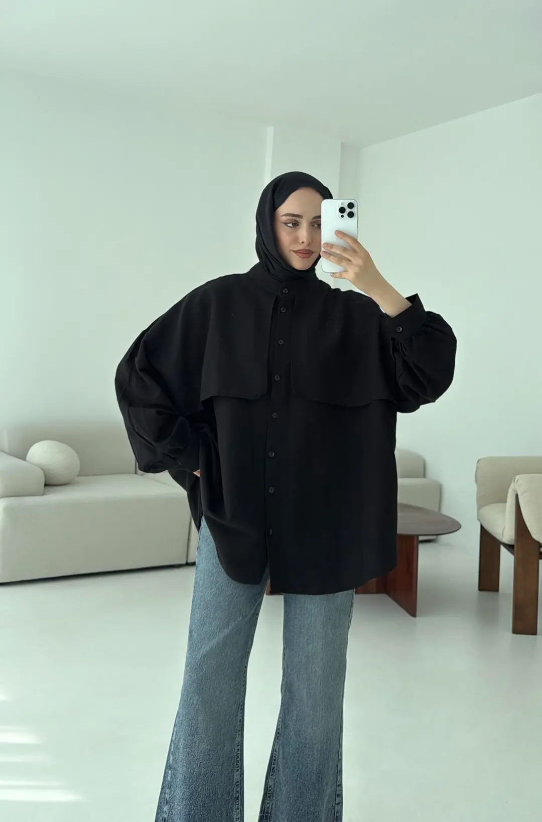 Pelerinli Keten Gömlek Siyah - Görsel 2