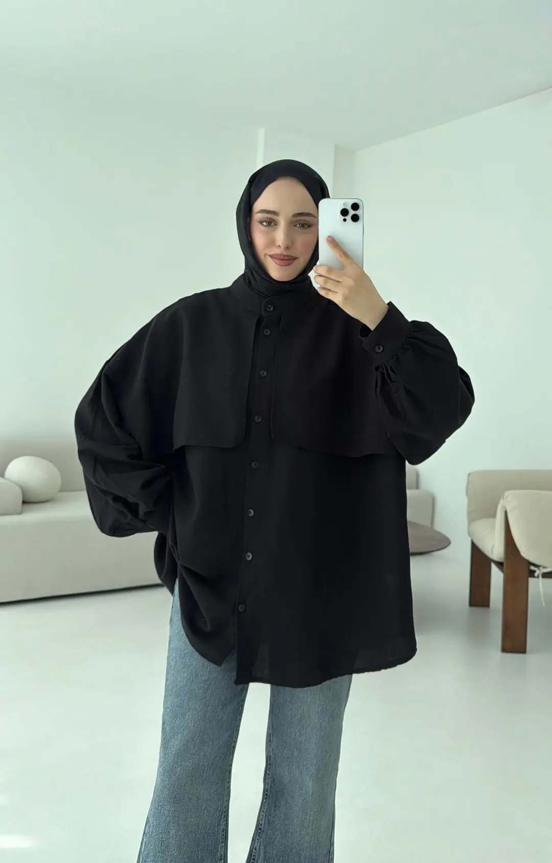 Pelerinli Keten Gömlek Siyah - Görsel 4