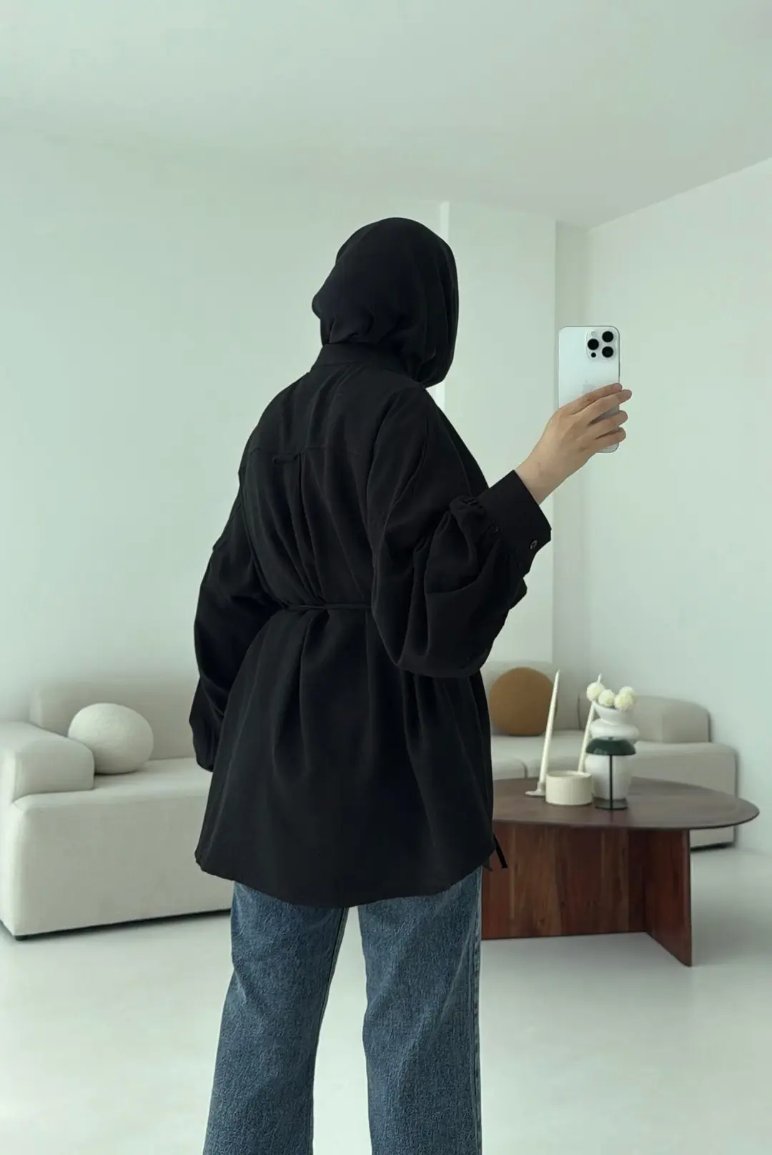 Pelerinli Keten Gömlek Siyah - Görsel 5