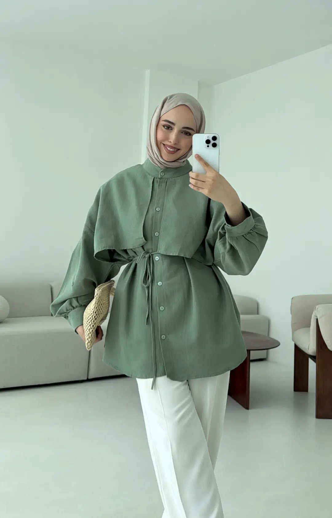 Pelerinli Keten Gömlek Yeşil - Görsel 2