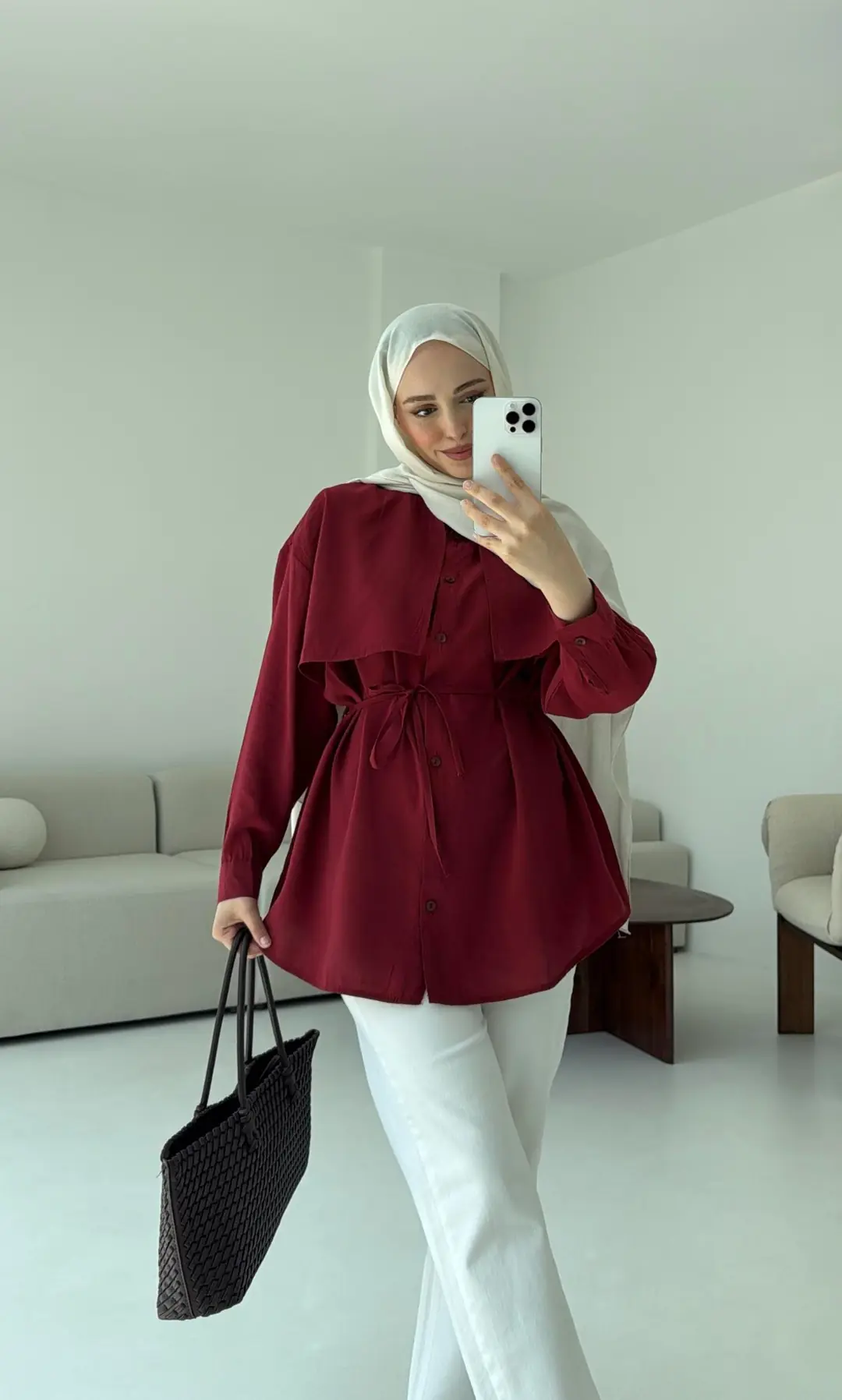 Pelerinli Modal Gömlek Bordo - Görsel 4