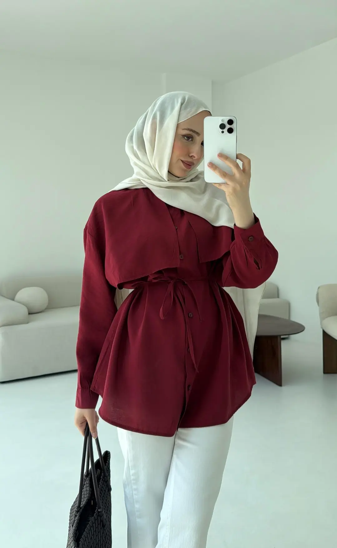 Pelerinli Modal Gömlek Bordo - Görsel 5