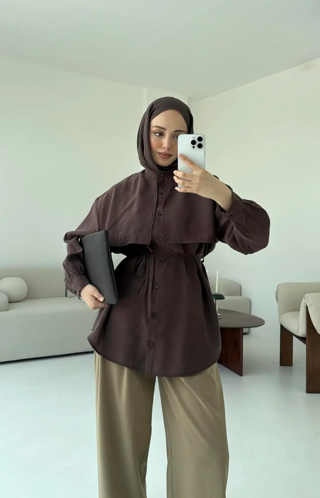 Pelerinli Modal Gömlek Kahve - Görsel 3