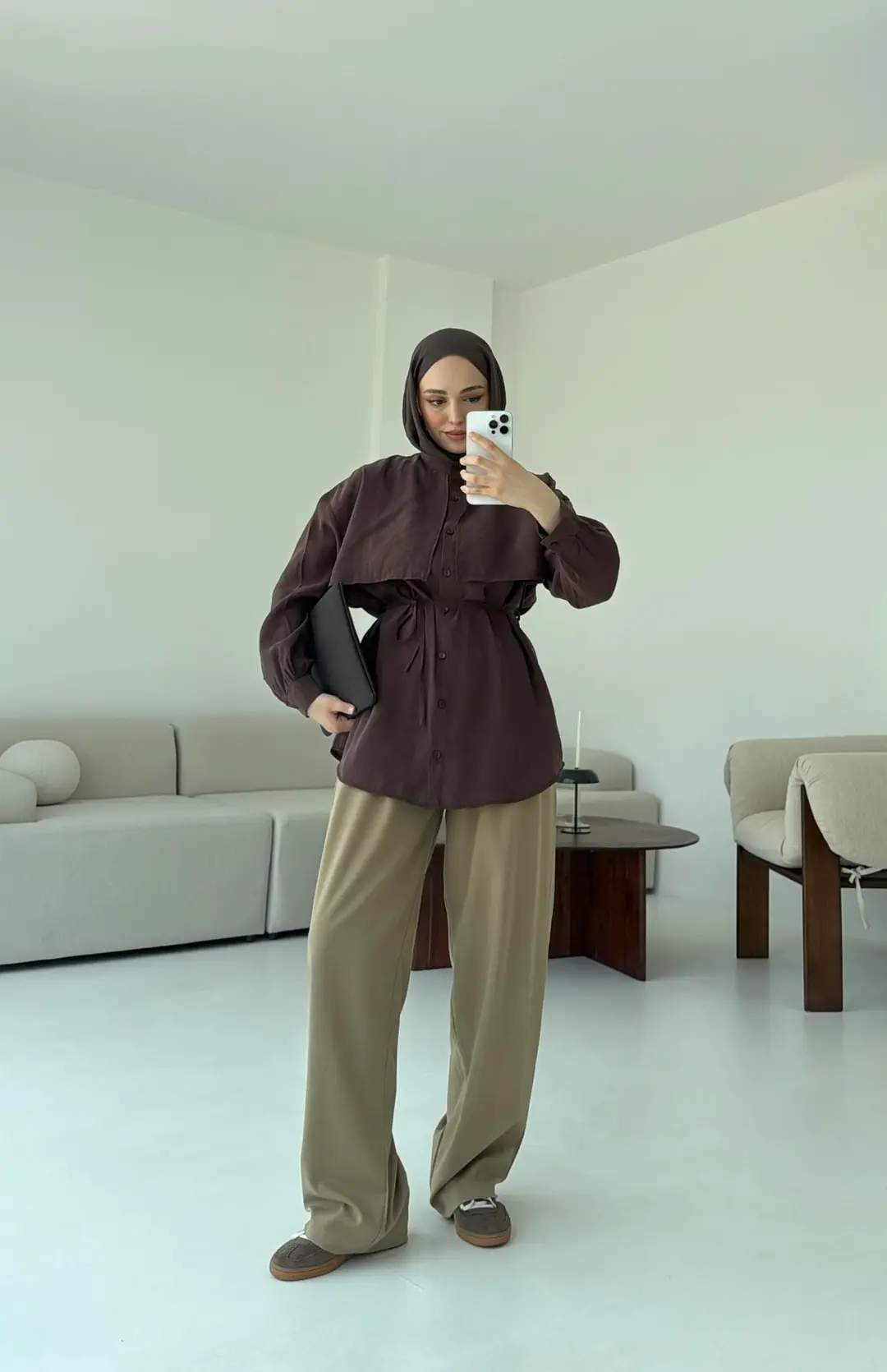 Pelerinli Modal Gömlek Kahve - Görsel 6