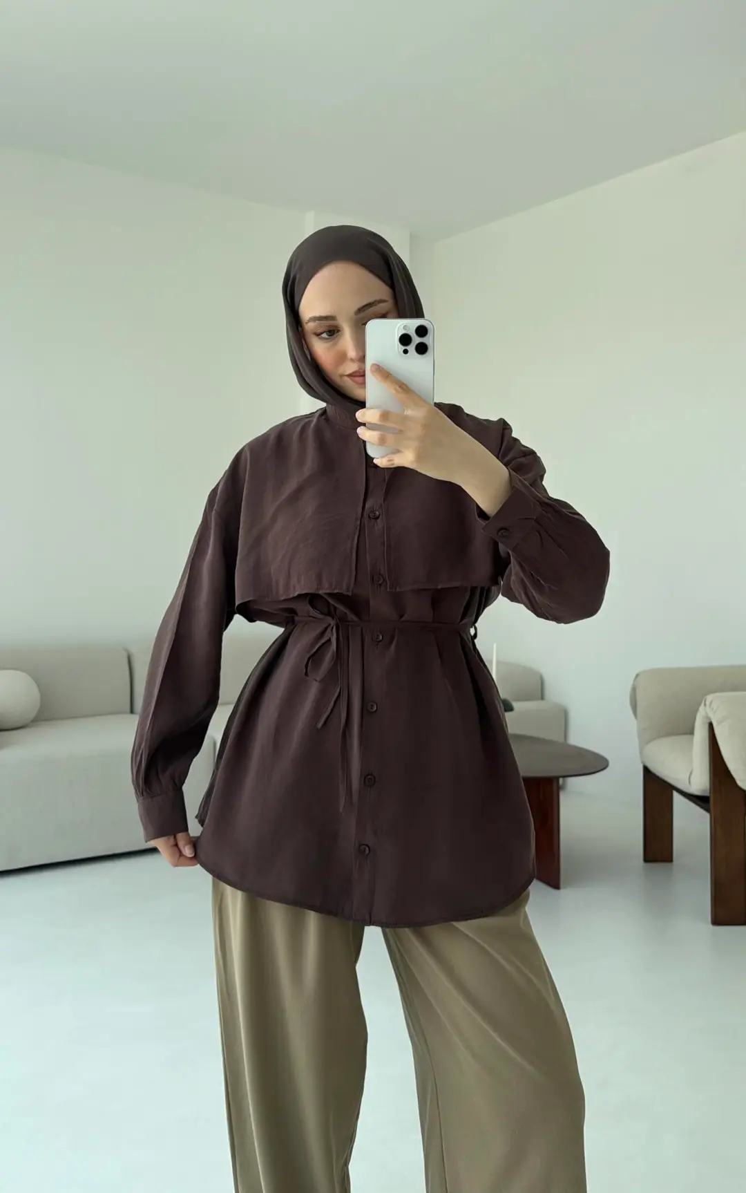 Pelerinli Modal Gömlek Kahve - Görsel 8