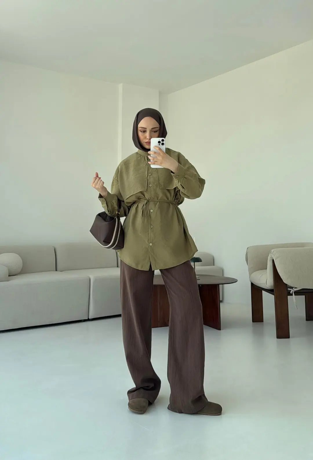 Pelerinli Modal Gömlek Olive