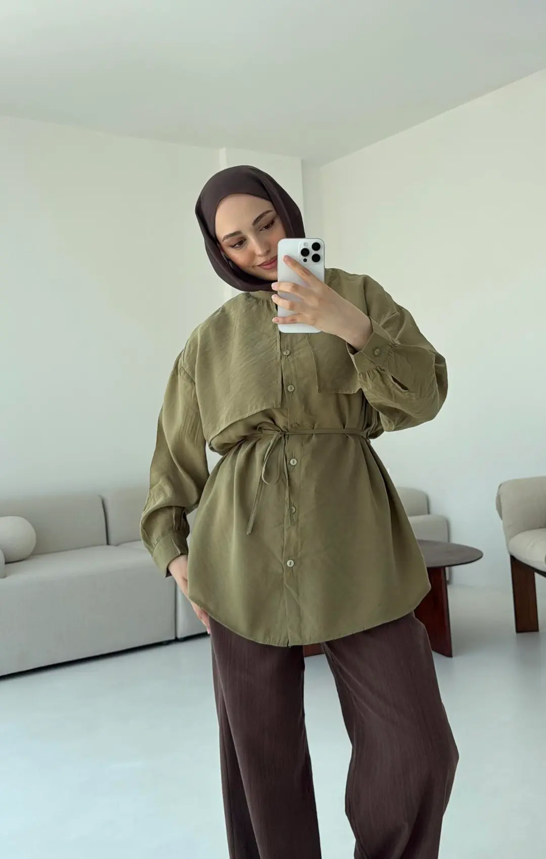 Pelerinli Modal Gömlek Olive - Görsel 2