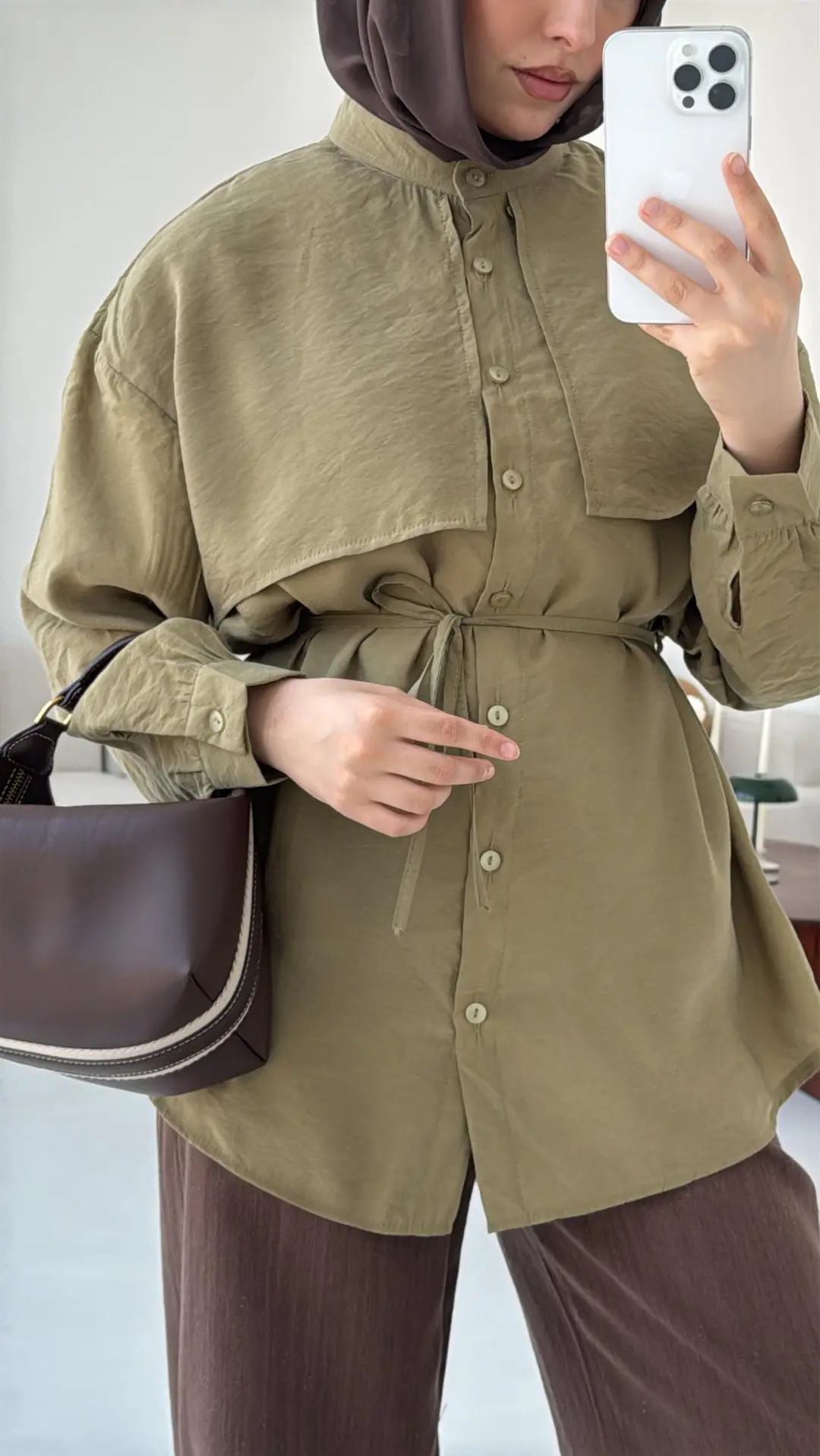 Pelerinli Modal Gömlek Olive - Görsel 3