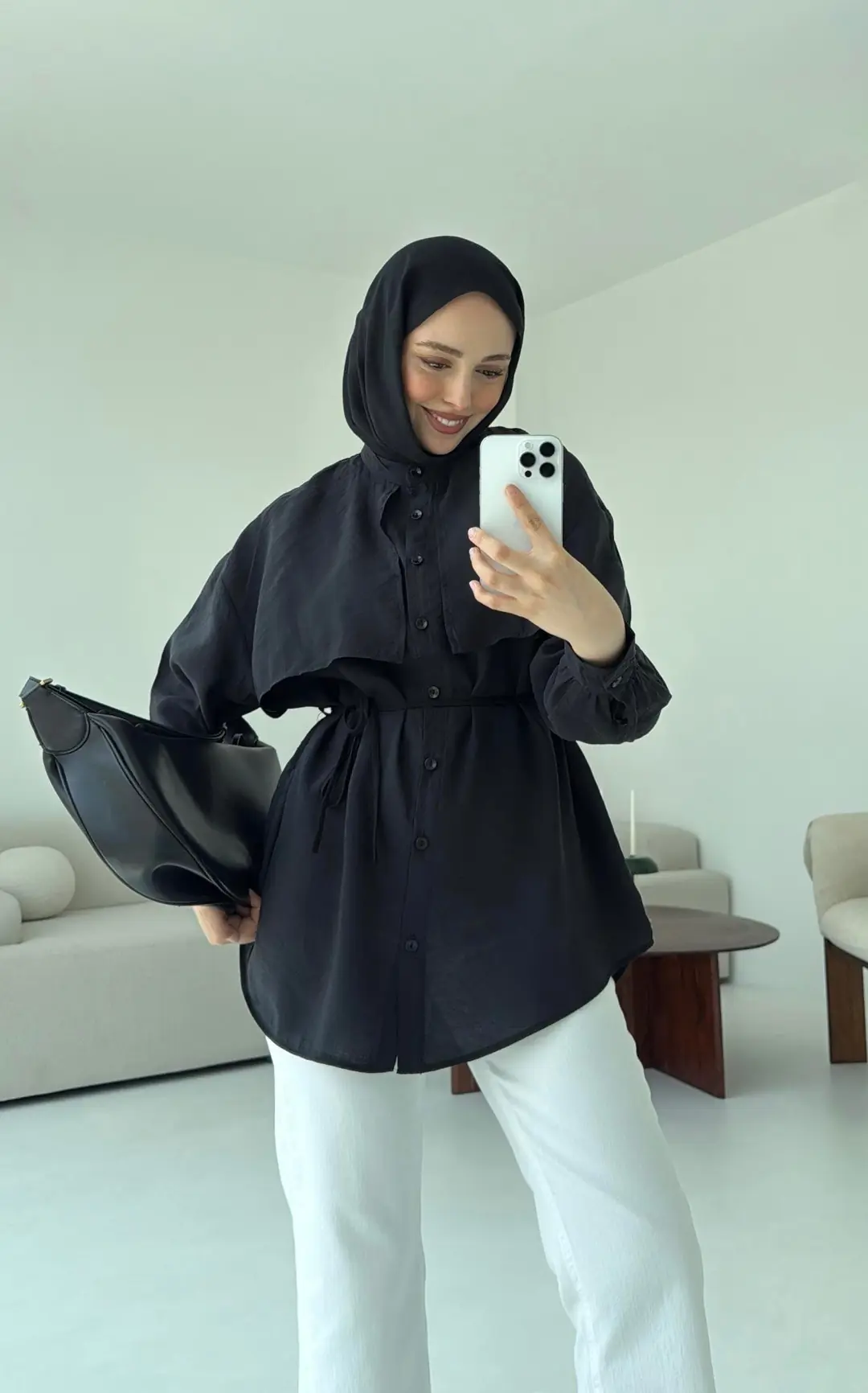 Pelerinli Modal Gömlek Siyah - Görsel 2