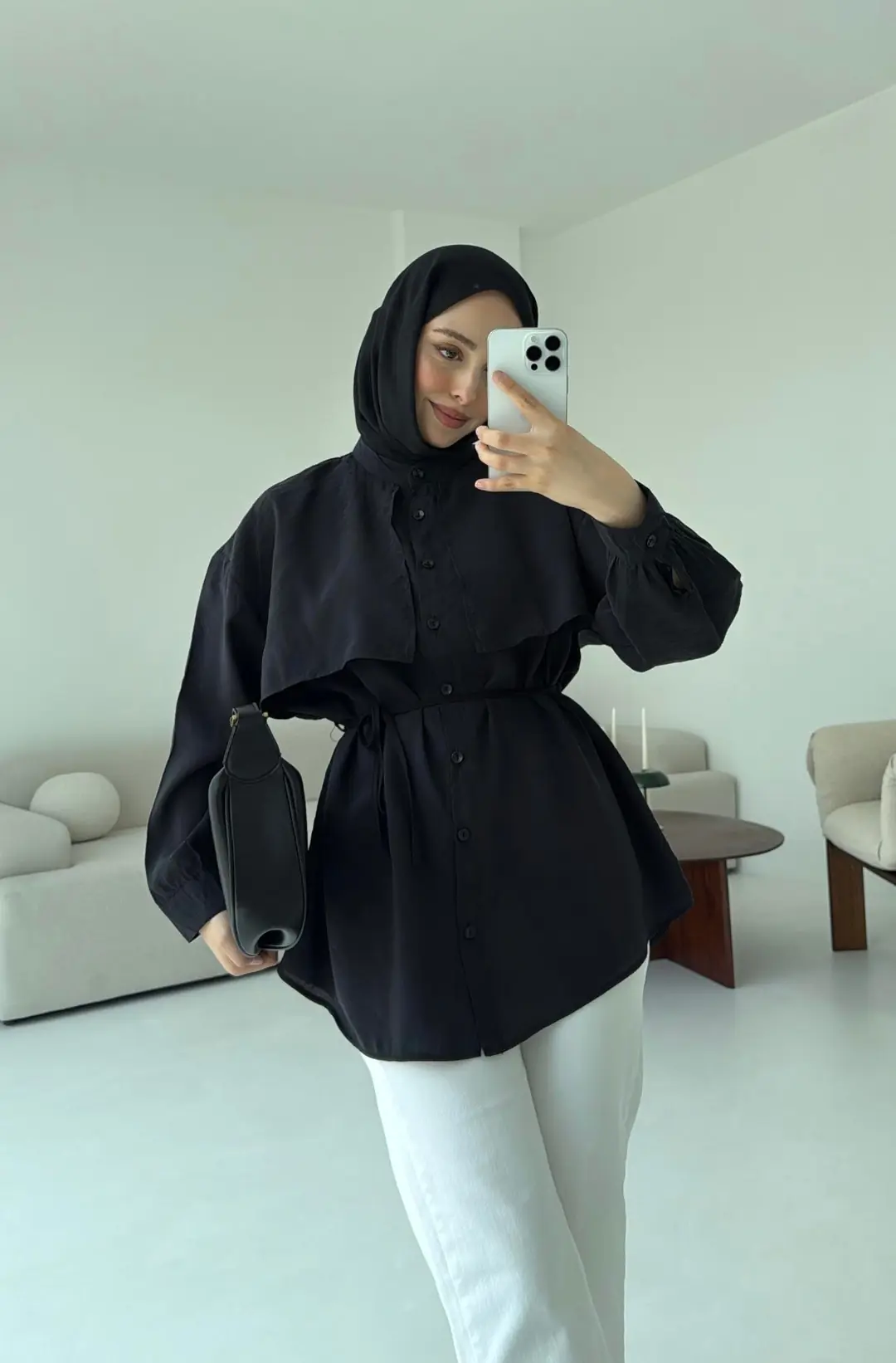 Pelerinli Modal Gömlek Siyah - Görsel 3