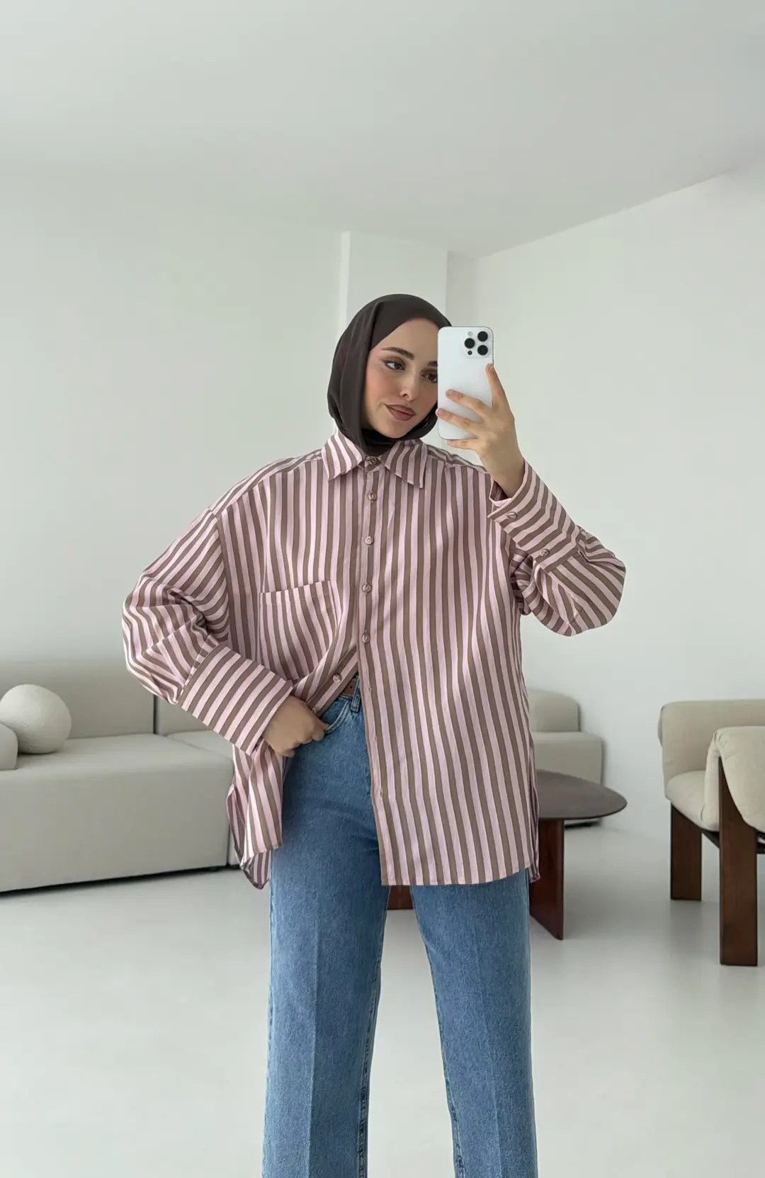 Pembe Kahve Çizgili Gömlek