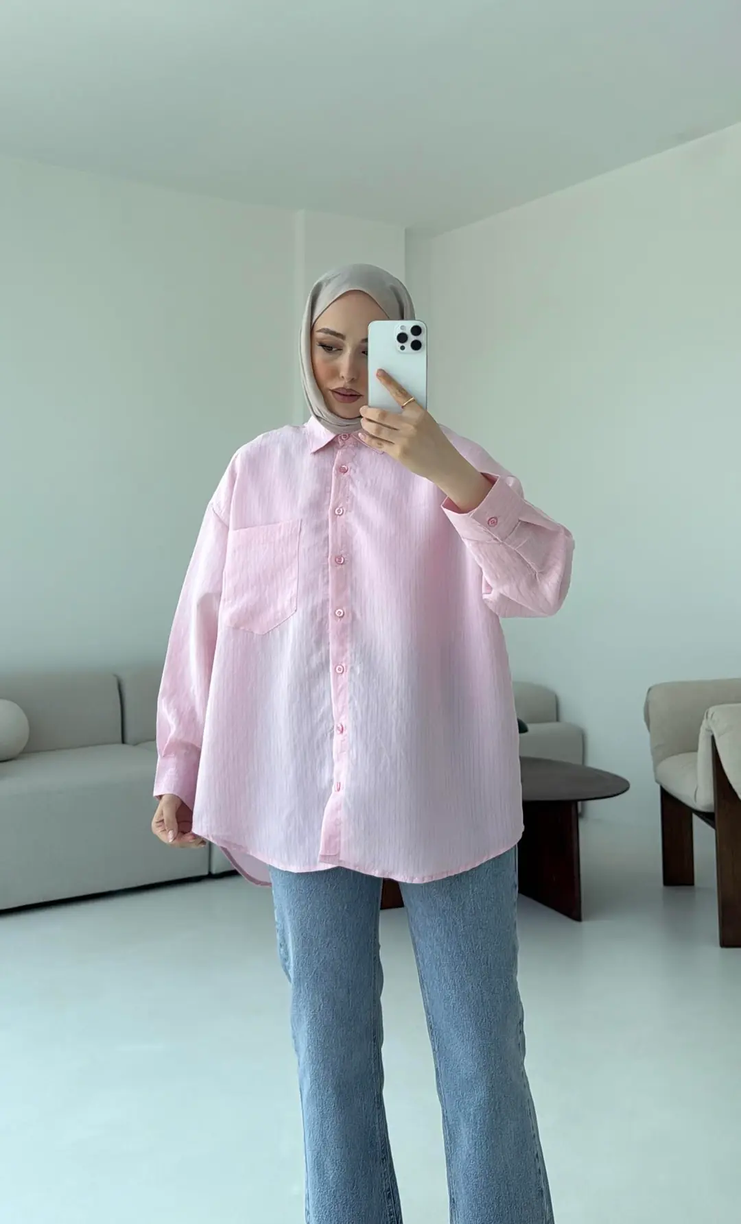 Pembe Tek Cep Çizgili Gömlek - Görsel 4