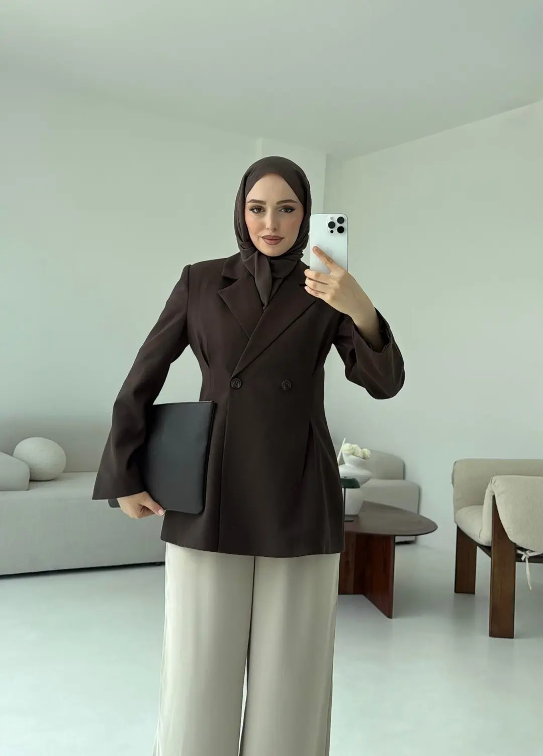 Pile Detay Blazer Ceket Kahve - Görsel 5