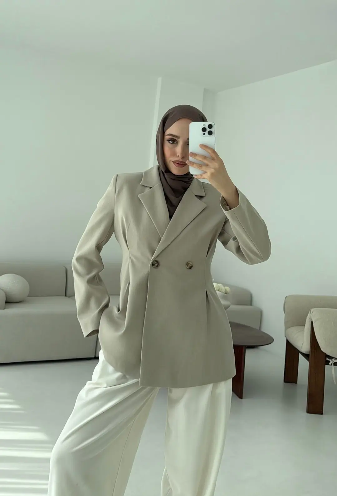 Pile Detay Blazer Ceket Taş - Görsel 9