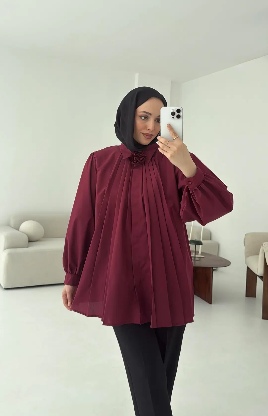 Pile Detay Gömlek Bordo - Görsel 2