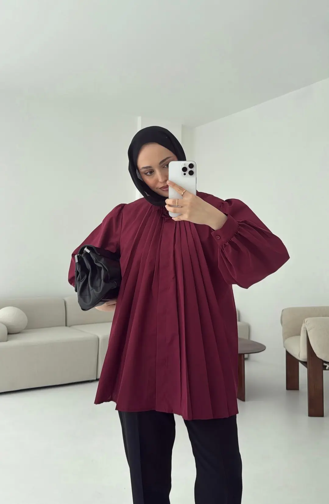 Pile Detay Gömlek Bordo - Görsel 4