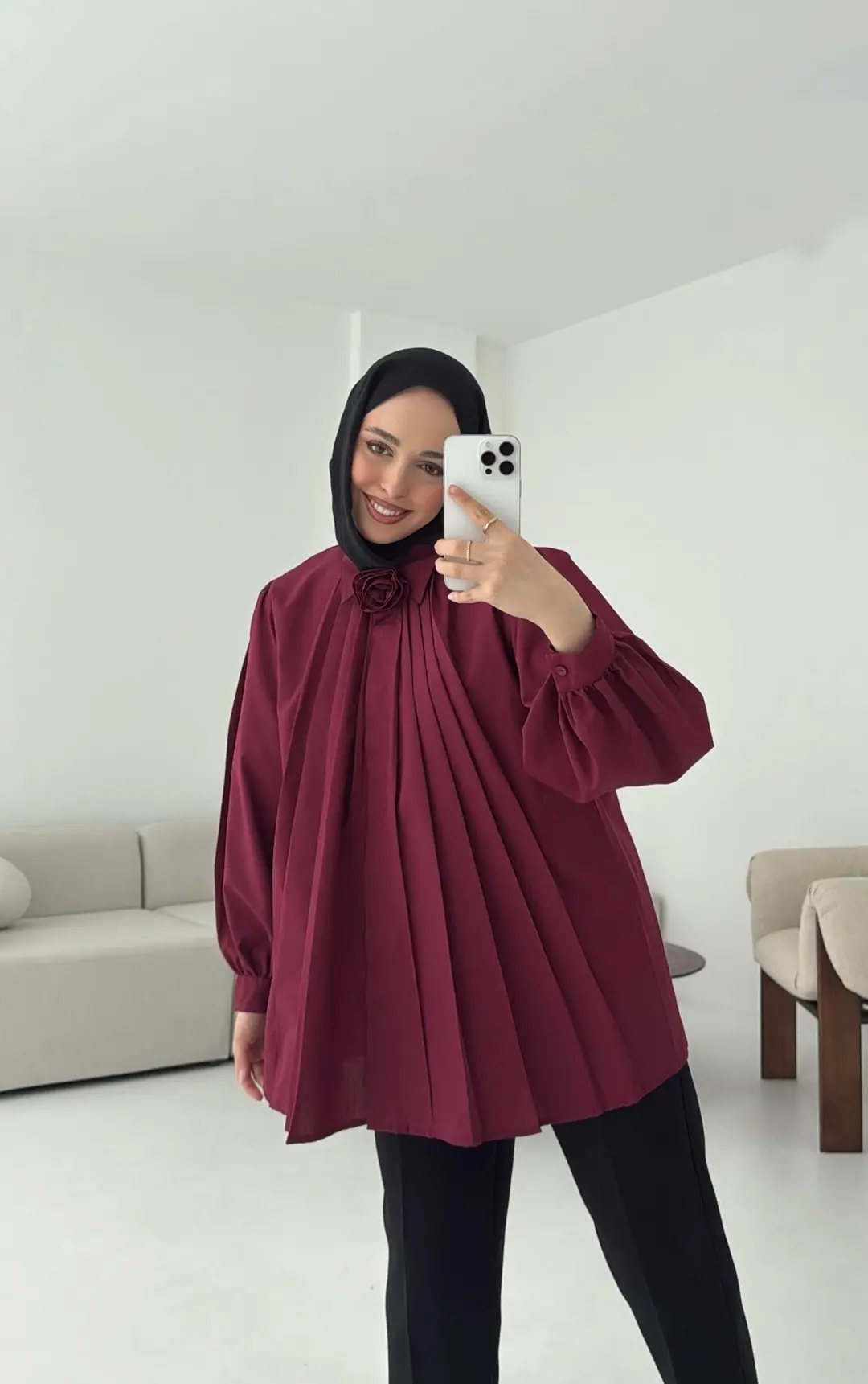 Pile Detay Gömlek Bordo - Görsel 6