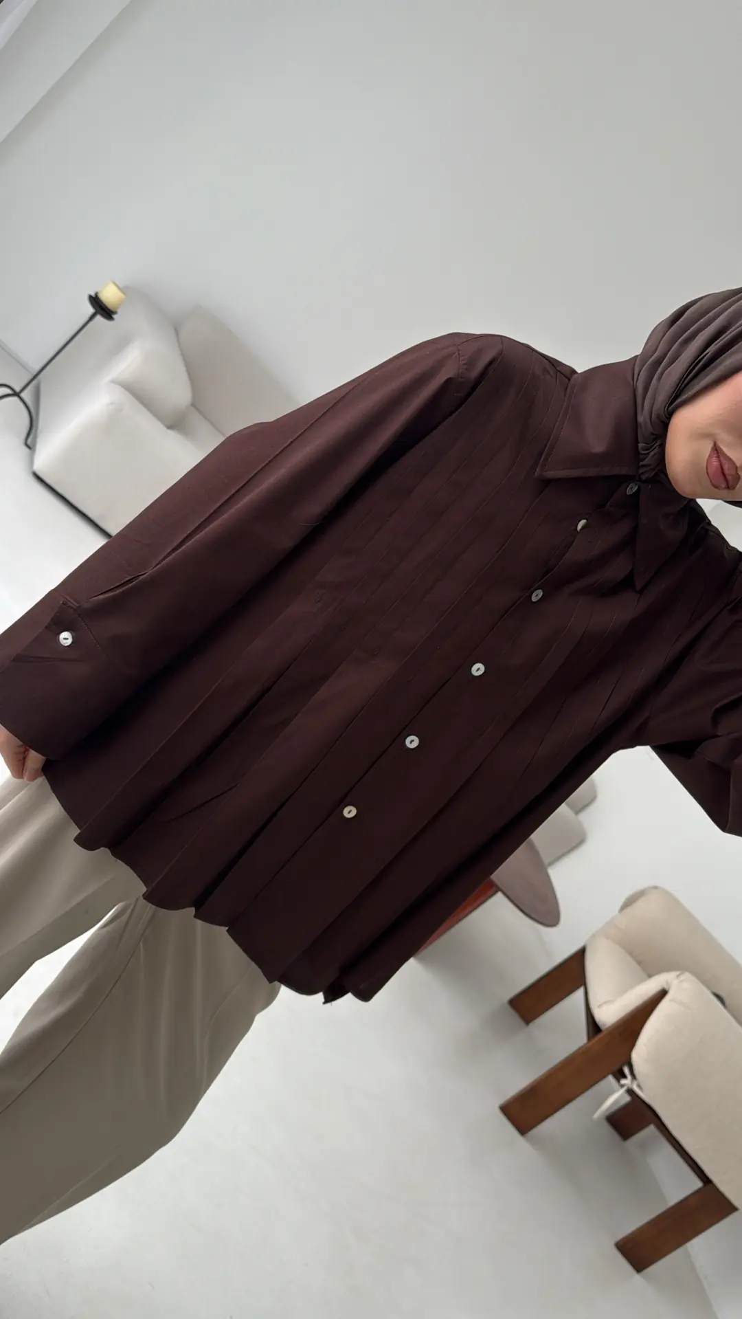 Pile Detay Gömlek Kahve - Görsel 4