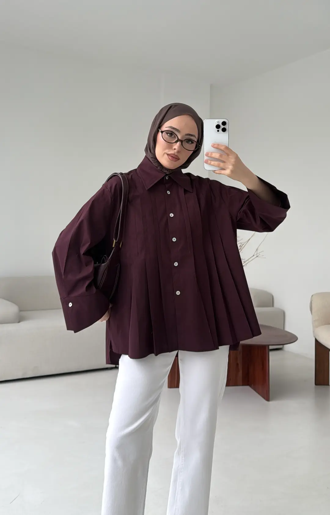 Pile Detay Gömlek Mürdüm - Görsel 6